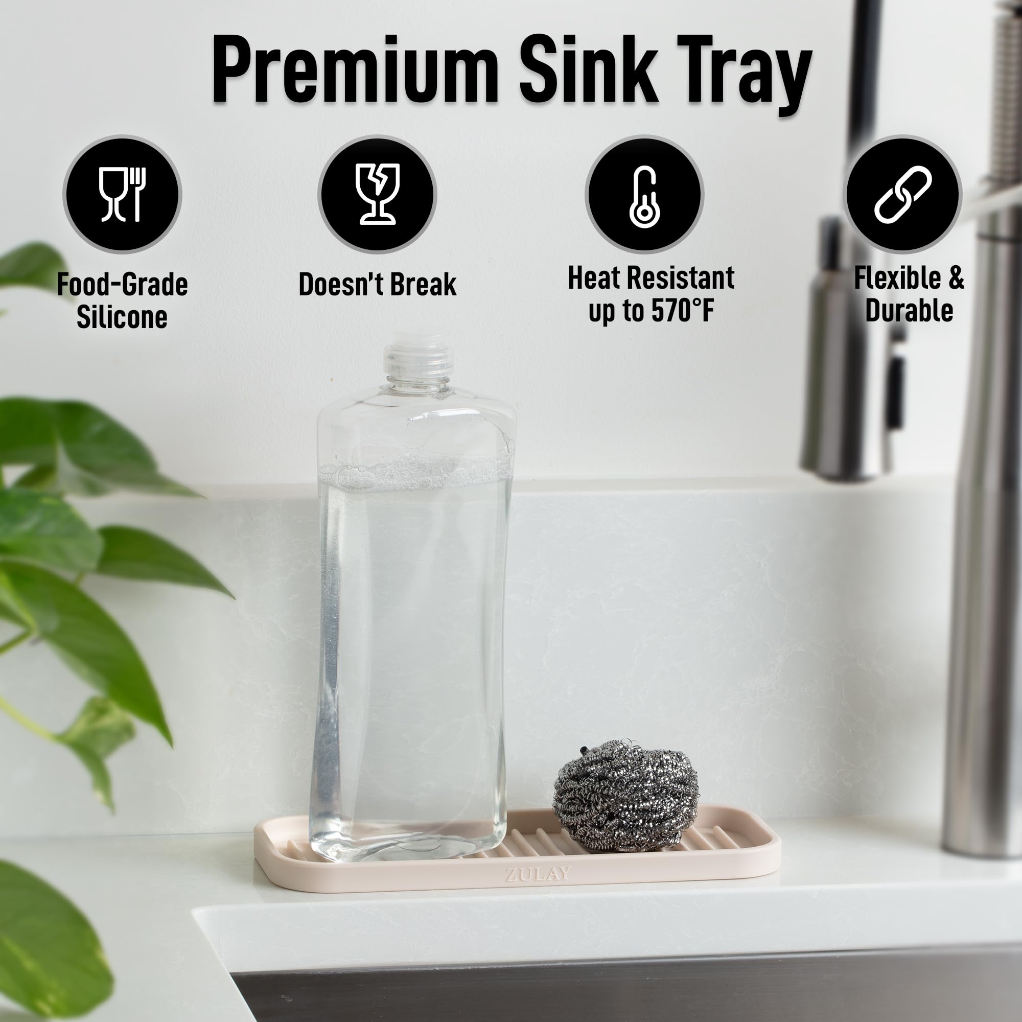 Zulay silicone sponge holder multipurpose tray for bathroom and vanity with easy drainage.