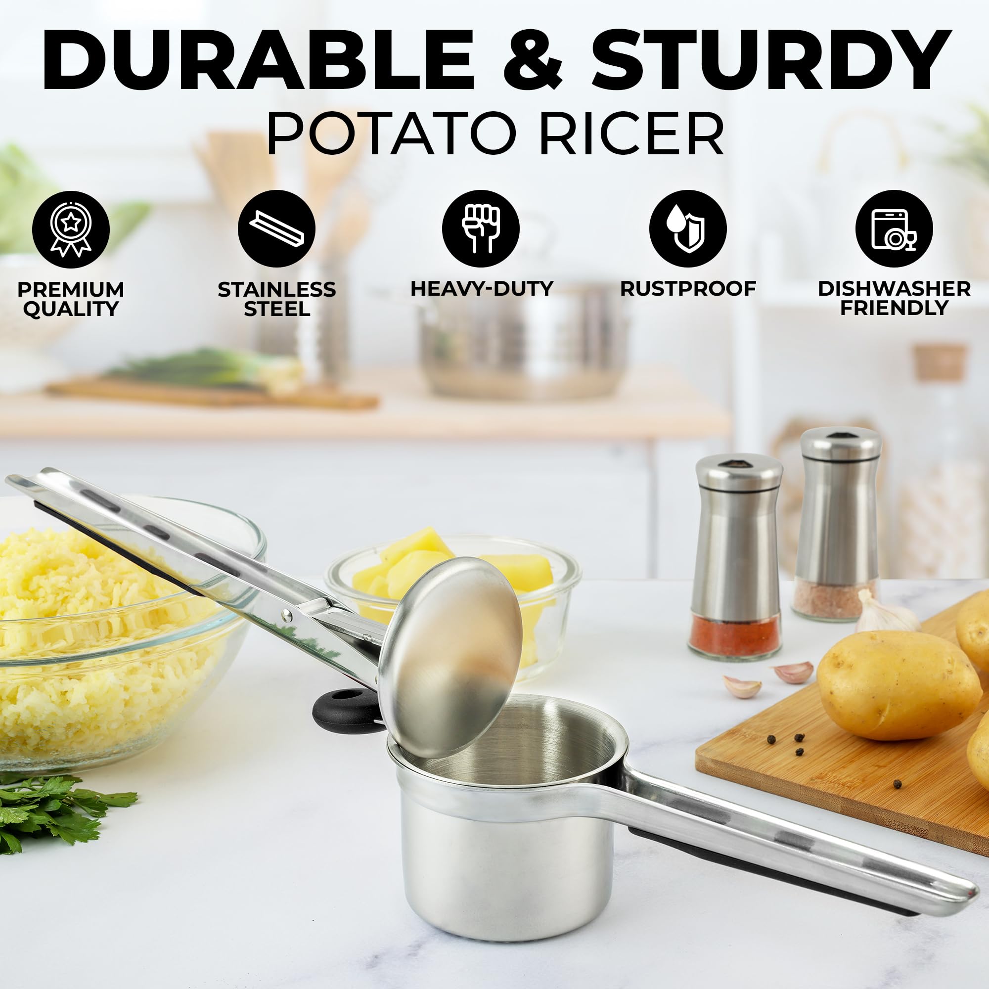 Zulay Kitchen soft-grip handles reduce effort when pressing the ricer