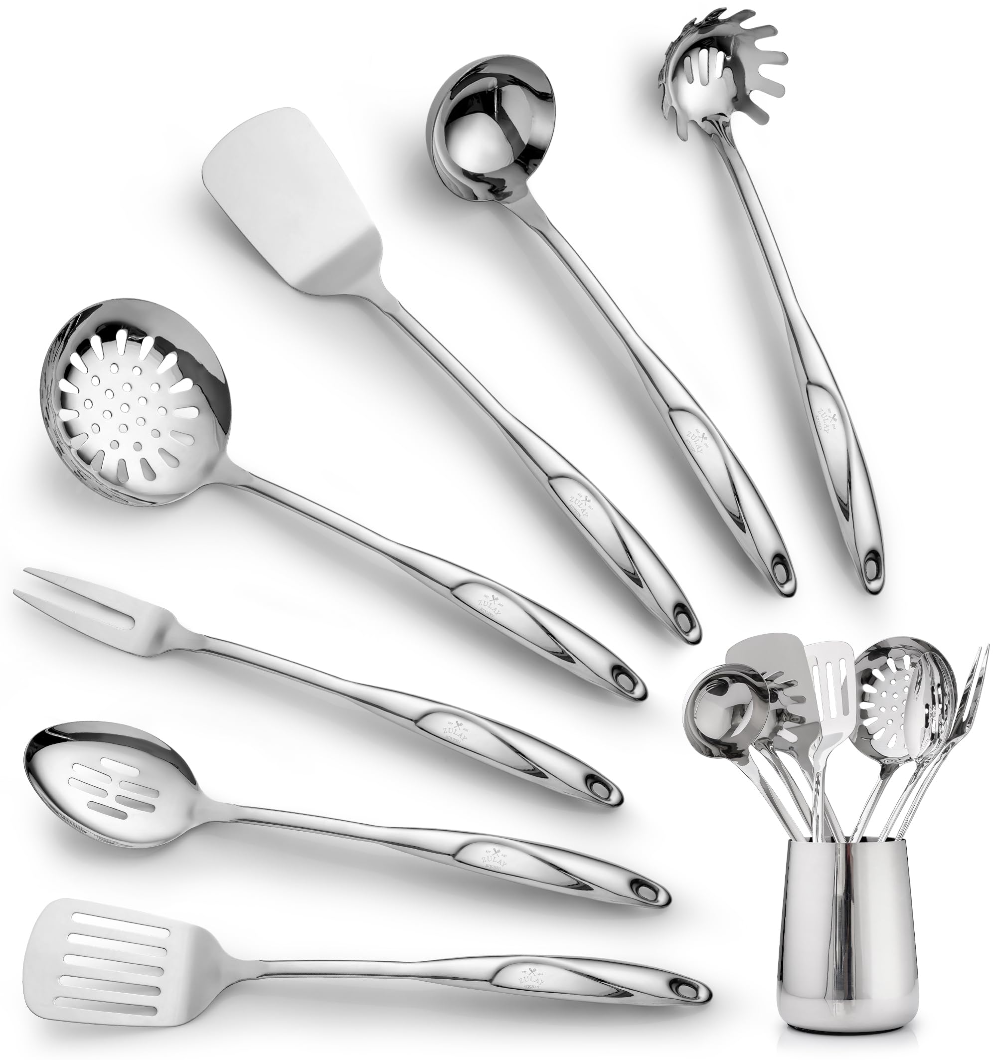 Zulay Kitchen 8-piece stainless steel utensil set with slotted spatula for versatile cooking