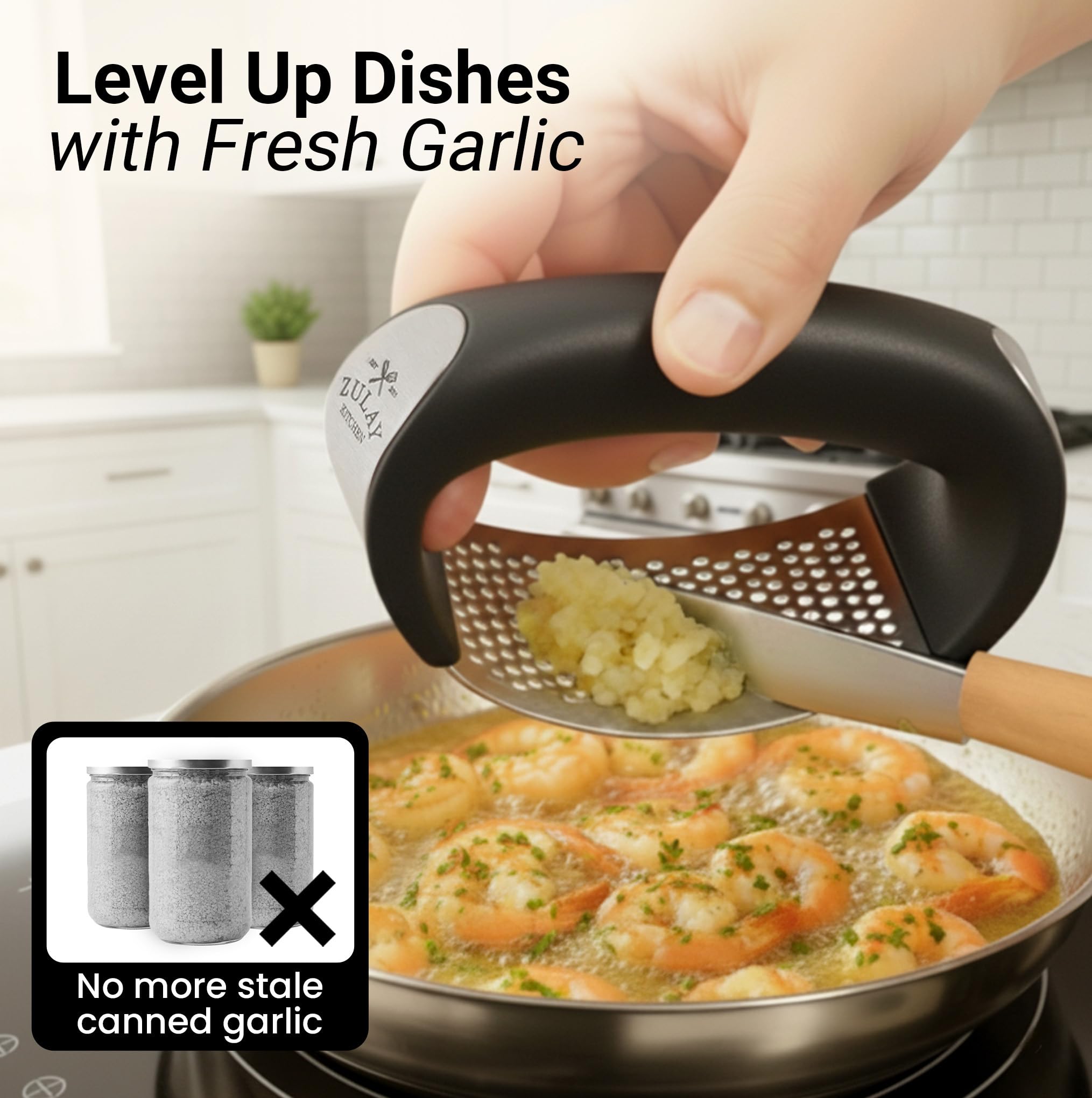 Zulay Kitchen rocker features a wide press area for multiple cloves at once.