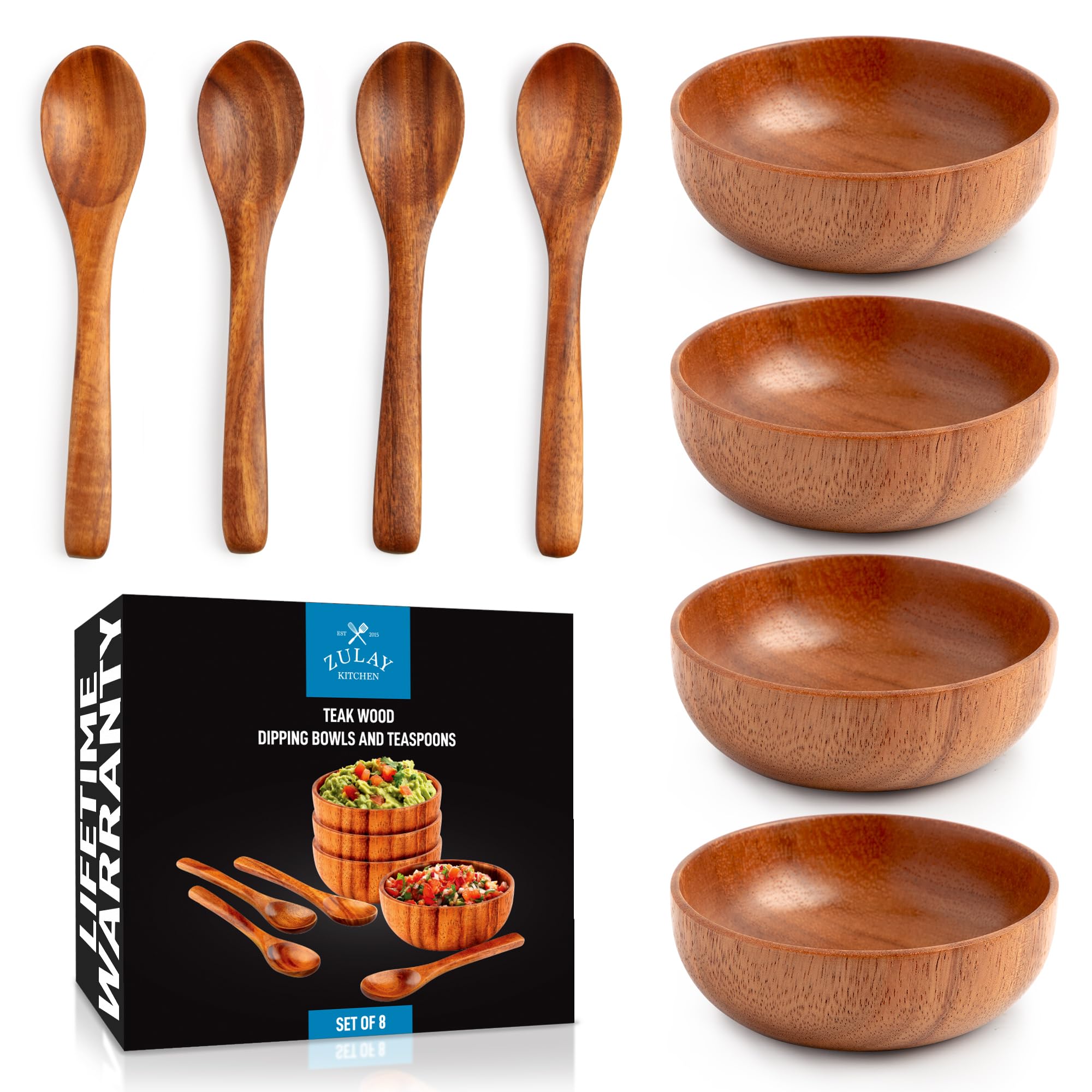 Zulay Kitchen teak dipping bowls with four mini bowls for sauces and dips.