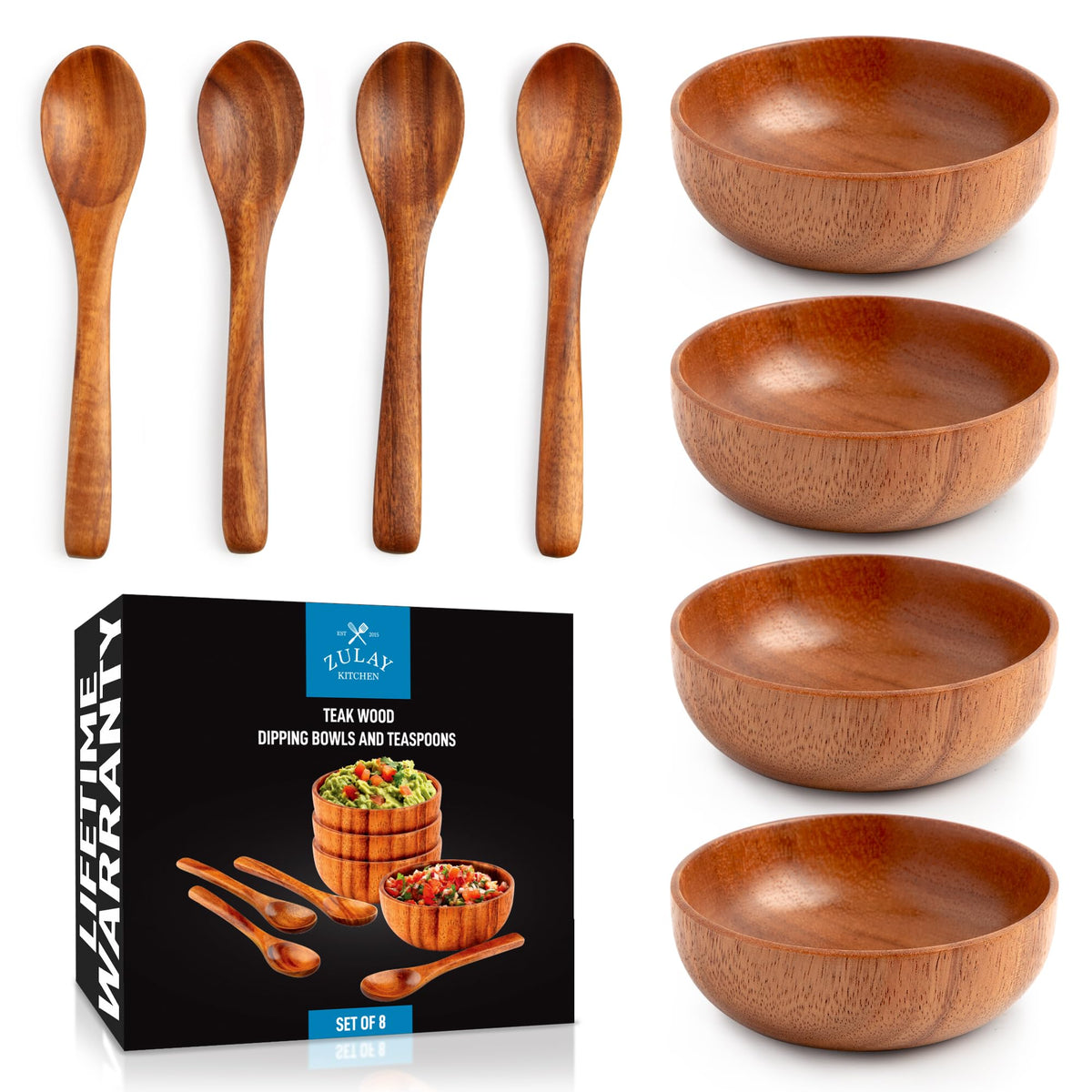 Zulay Kitchen teak dipping bowls with four mini bowls for sauces and dips.