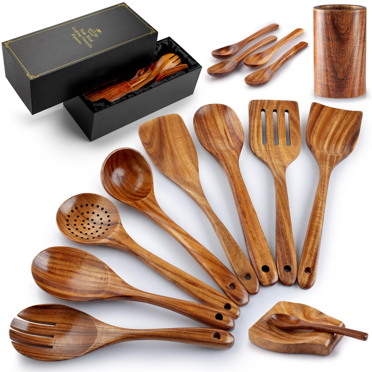 Zulay Kitchen teak salad spoon for tossing greens without harming non-stick pans.
