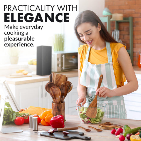 Zulay Kitchen teak slotted turner lifts foods without scratches.