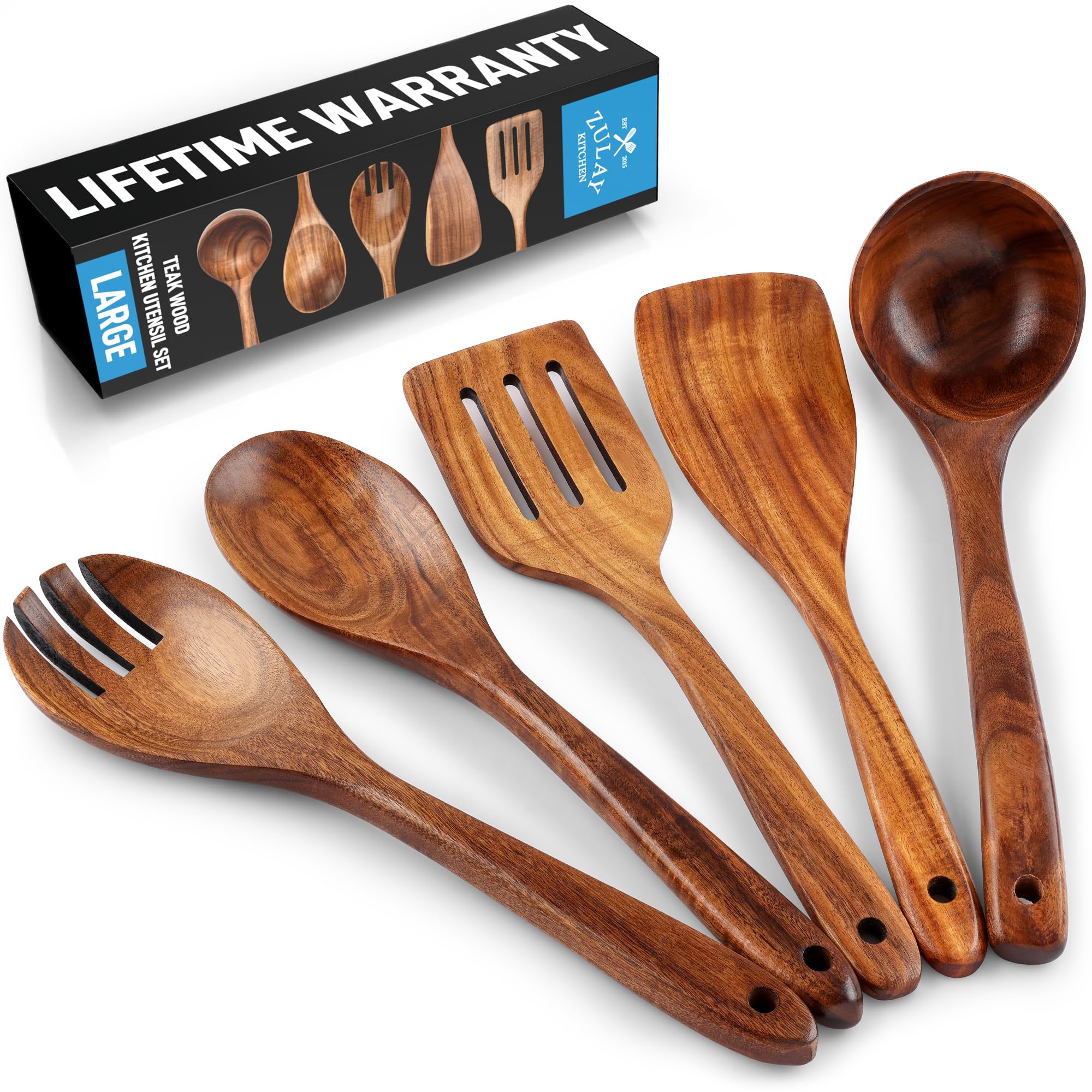 Zulay Kitchen teak spoon set protecting nonstick cookware while stirring
