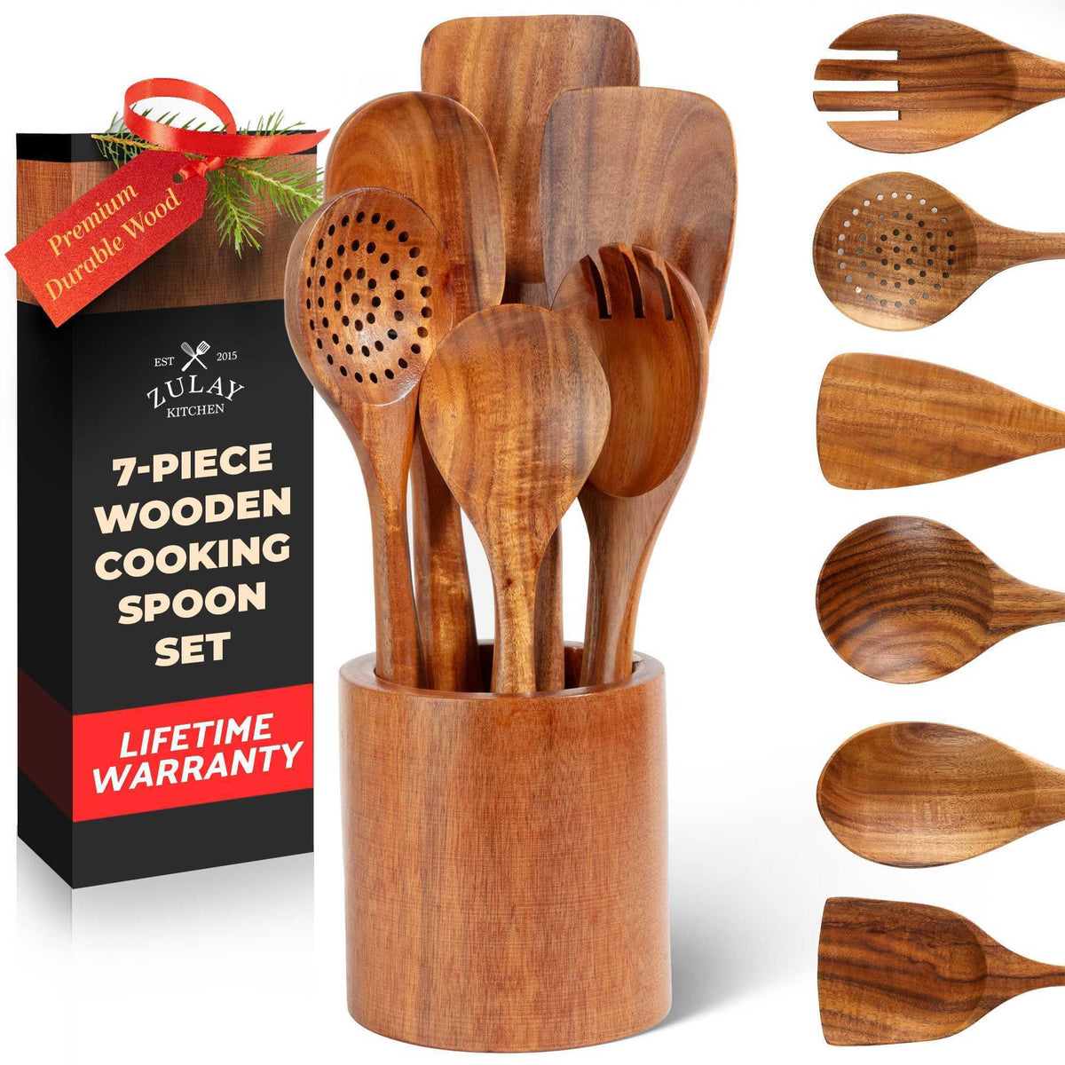 Zulay Kitchen teak spoons set with smooth finish ideal for non-stick cookware