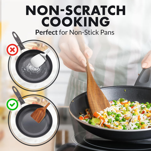 Zulay Kitchen teak turner offers comfortable, even balance for flipping.