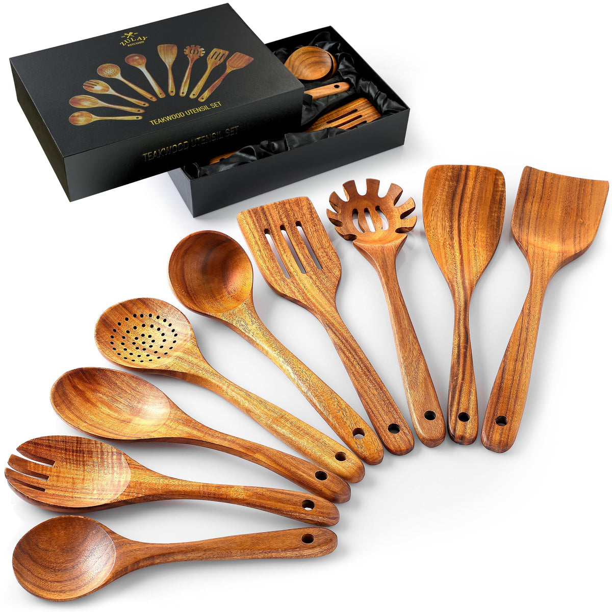 Zulay Kitchen teak salad spoon with smooth grip, safe on non-stick cookware.