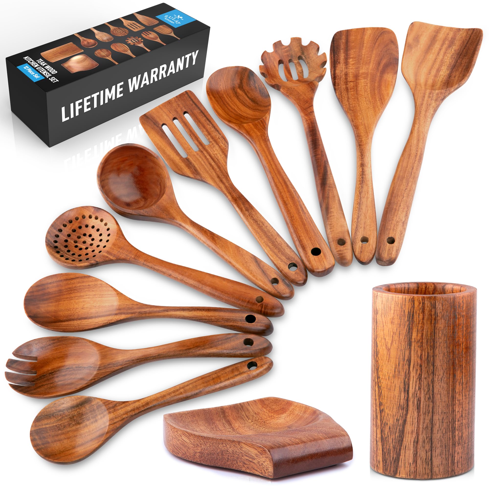 Zulay Kitchen teak utensils set displayed as a complete, durable cooking collection.
