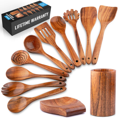 Zulay Kitchen teak utensils set displayed as a complete, durable cooking collection.
