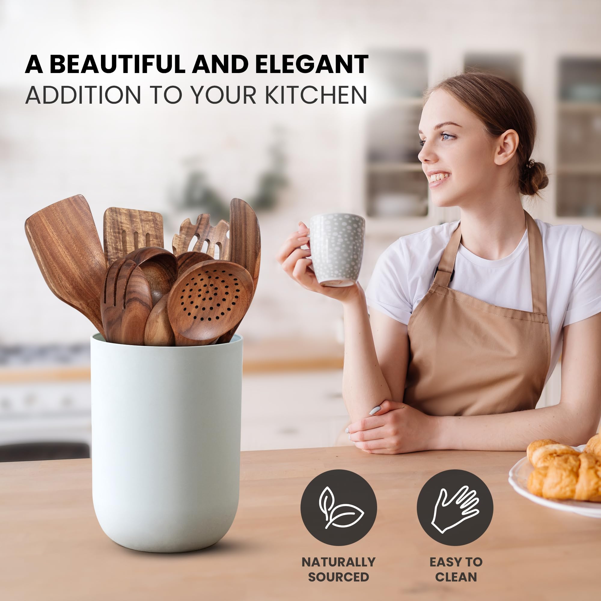 Zulay Kitchen teak slotted turner allows draining while flipping.