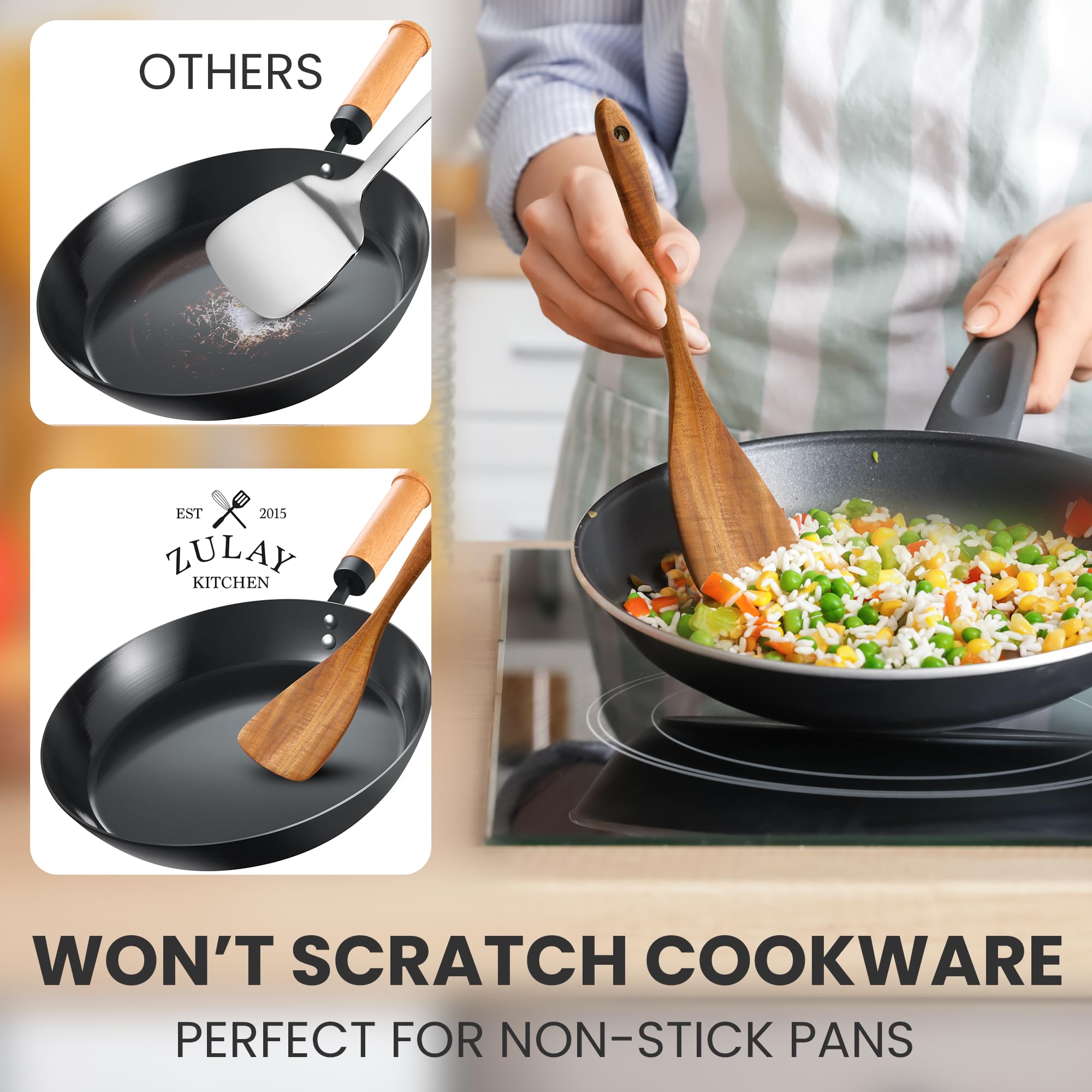 Zulay Kitchen teak turner with balanced weight and non-scratch surface.