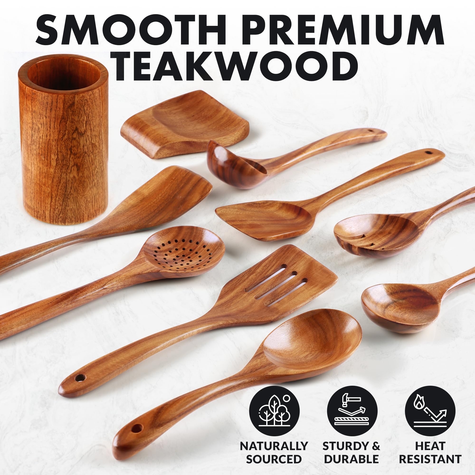 Zulay Kitchen teak serving spoon showing ergonomic balance for serving