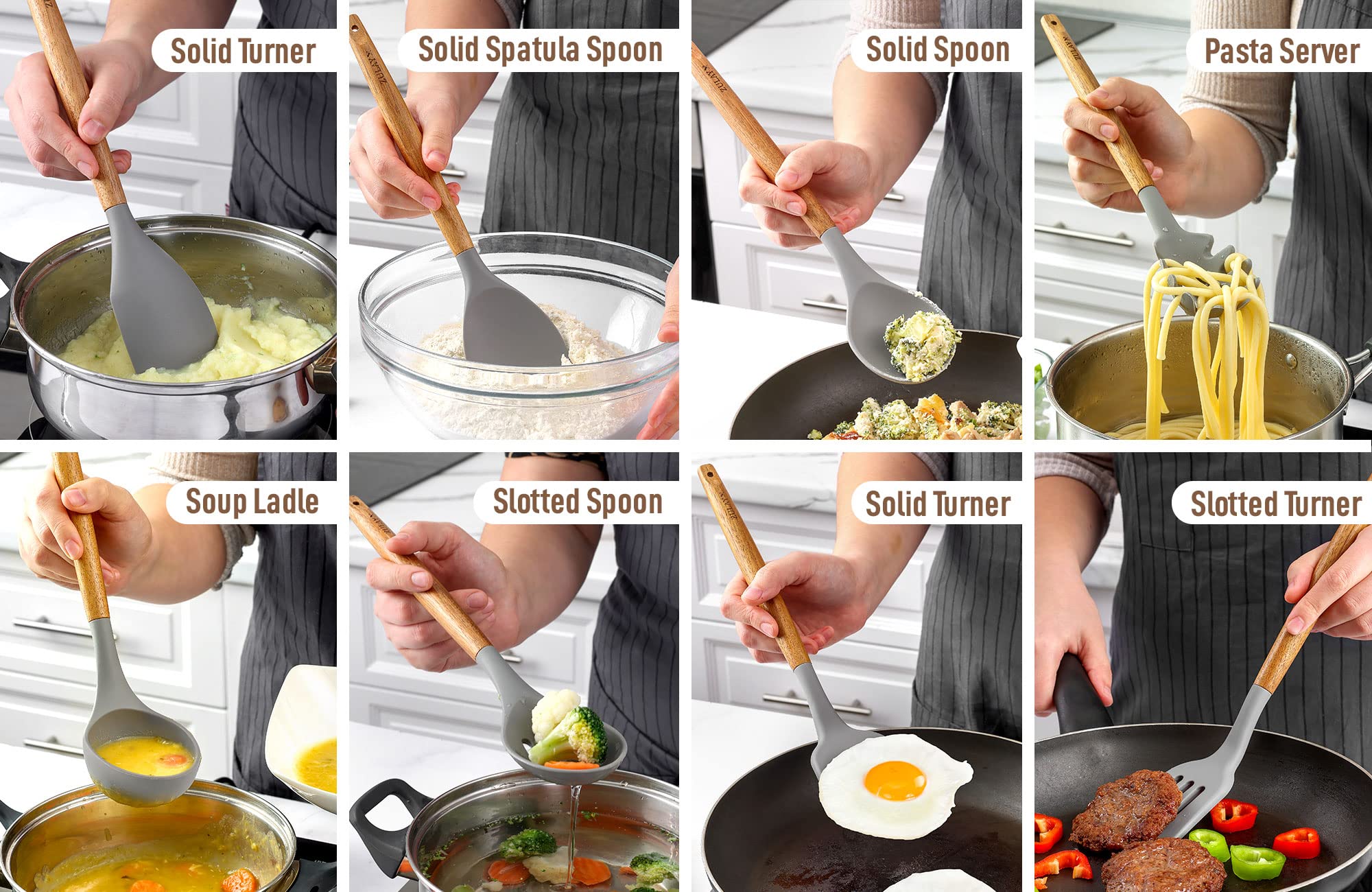 Acacia wood handles offer ergonomic grip for comfortable cooking.