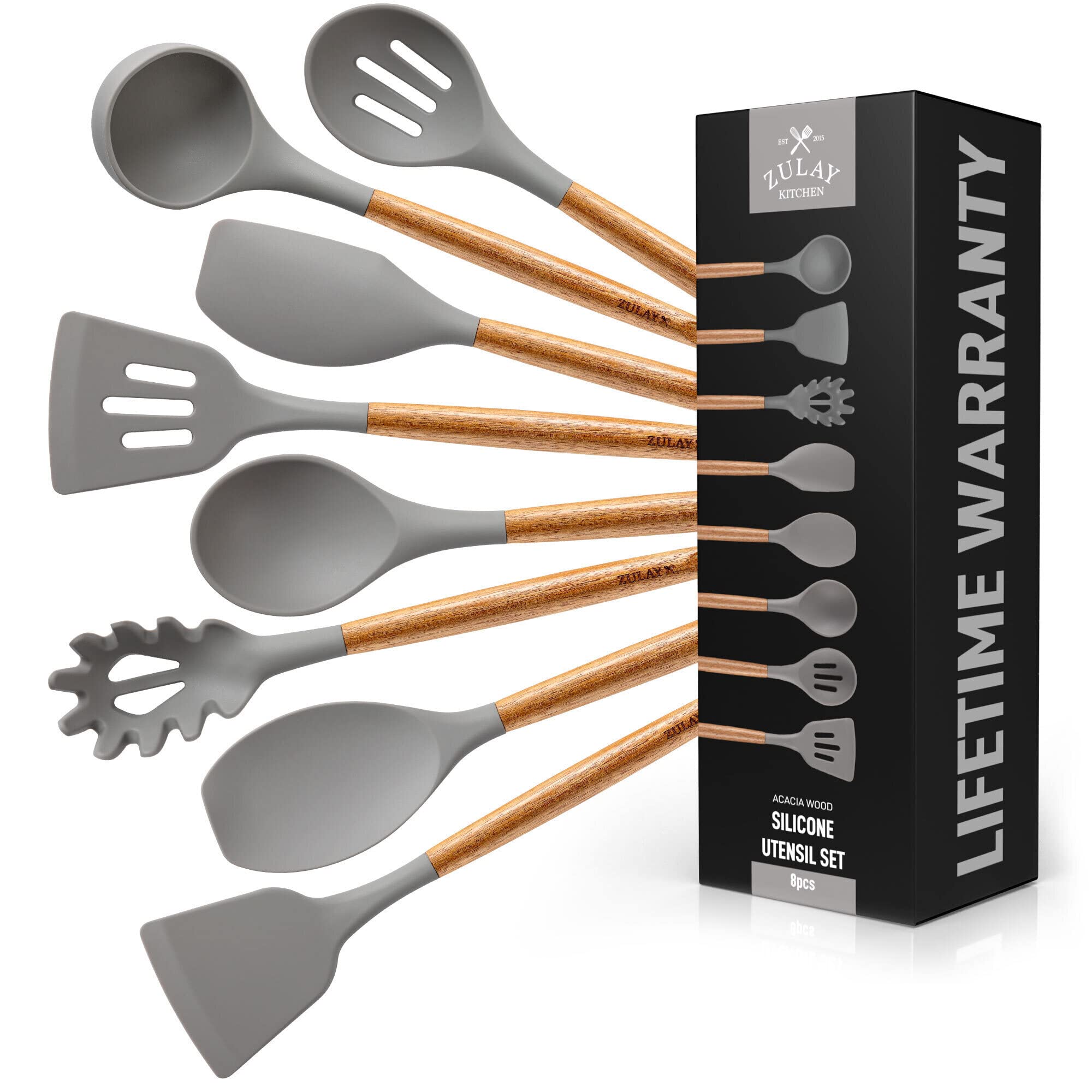 Zulay Kitchen 8-piece set with non-stick silicone heads and wood handles for non-scratch cooking.