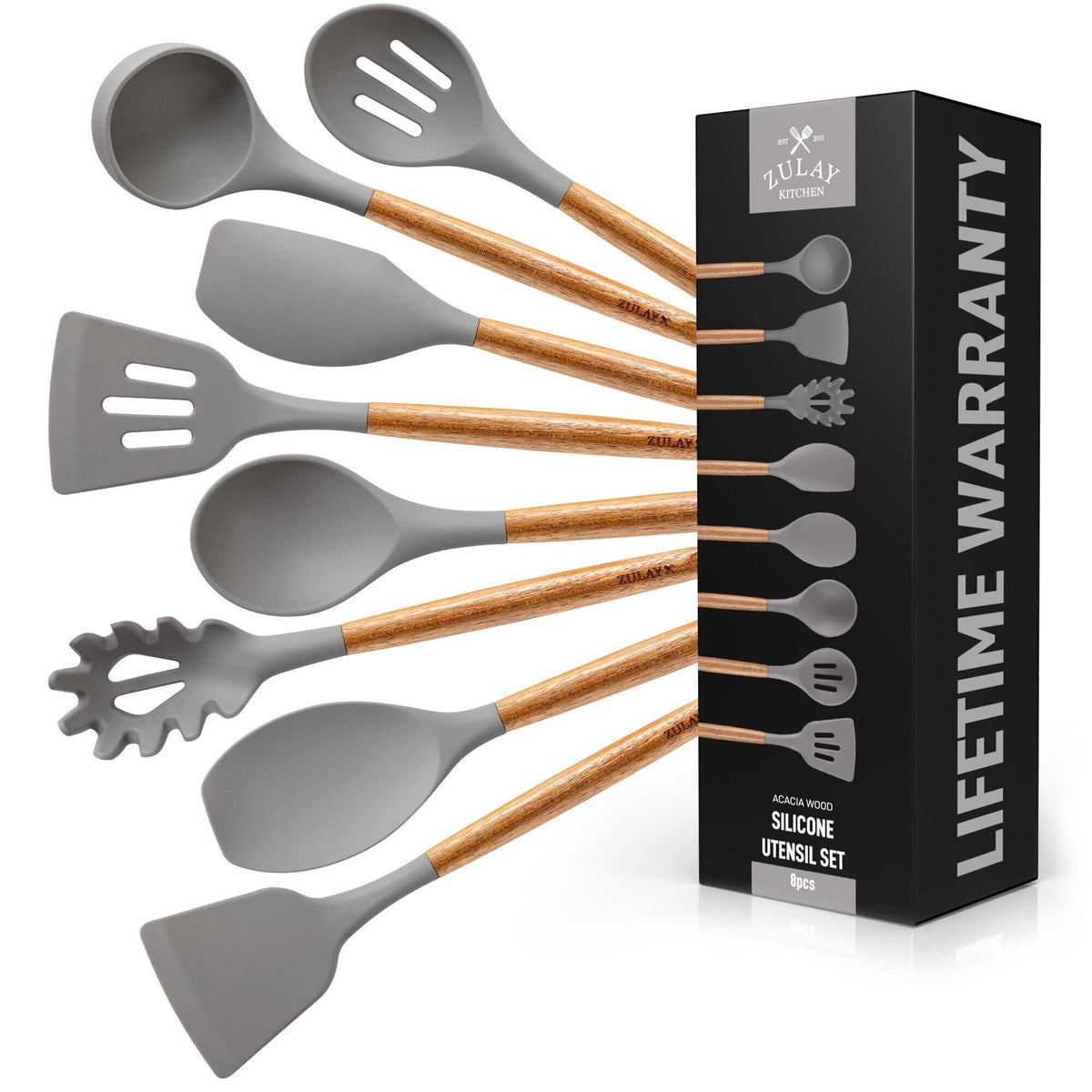 Zulay Kitchen 8-piece set with non-stick silicone heads and wood handles for non-scratch cooking.