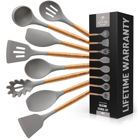 Zulay Kitchen 8-piece set with non-stick silicone heads and wood handles for non-scratch cooking.