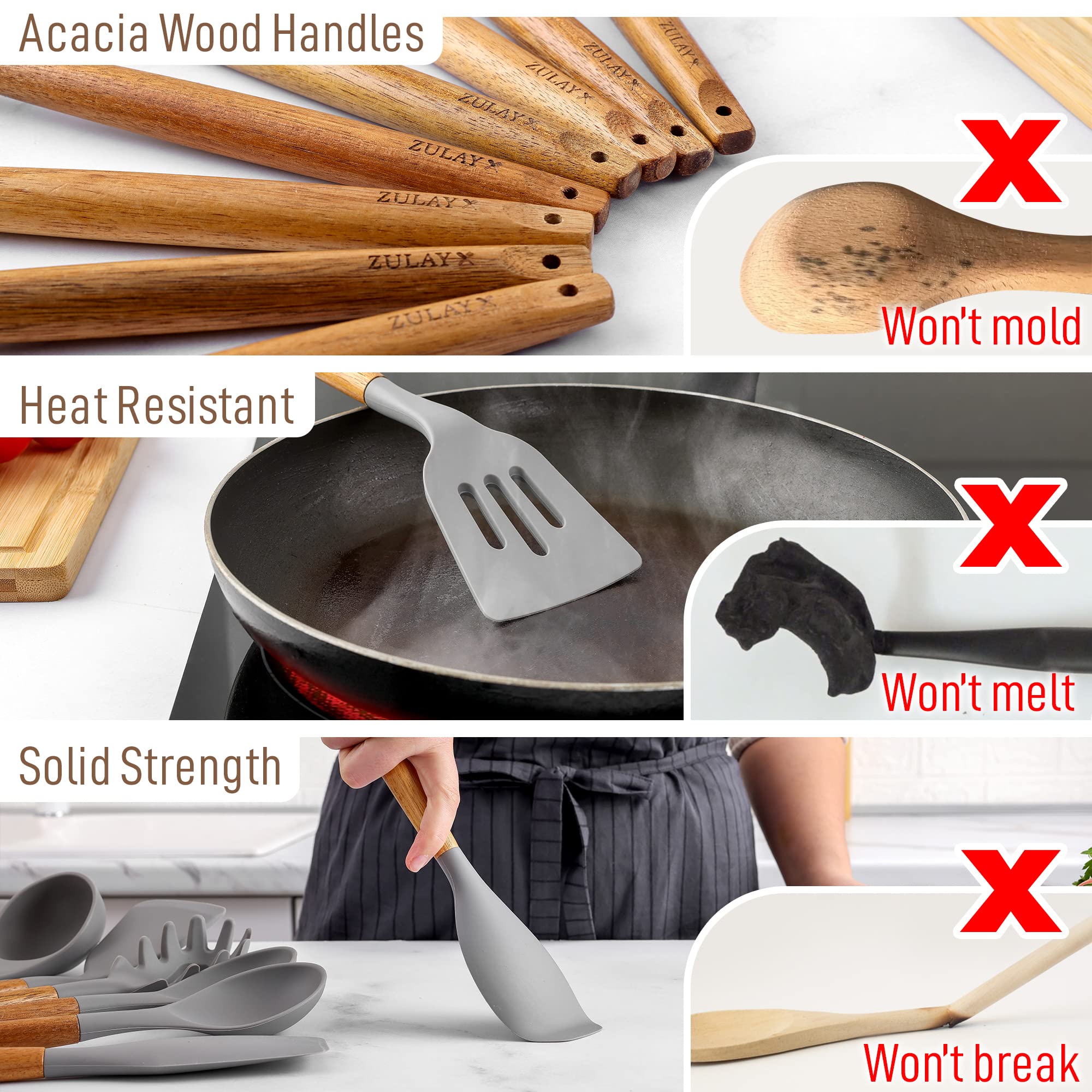 Soft silicone heads from Zulay Kitchen prevent scratching cookware.
