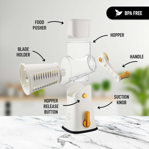 Zulay Kitchen Rotary Cheese Grater in action for grating, slicing, and shredding vegetables.