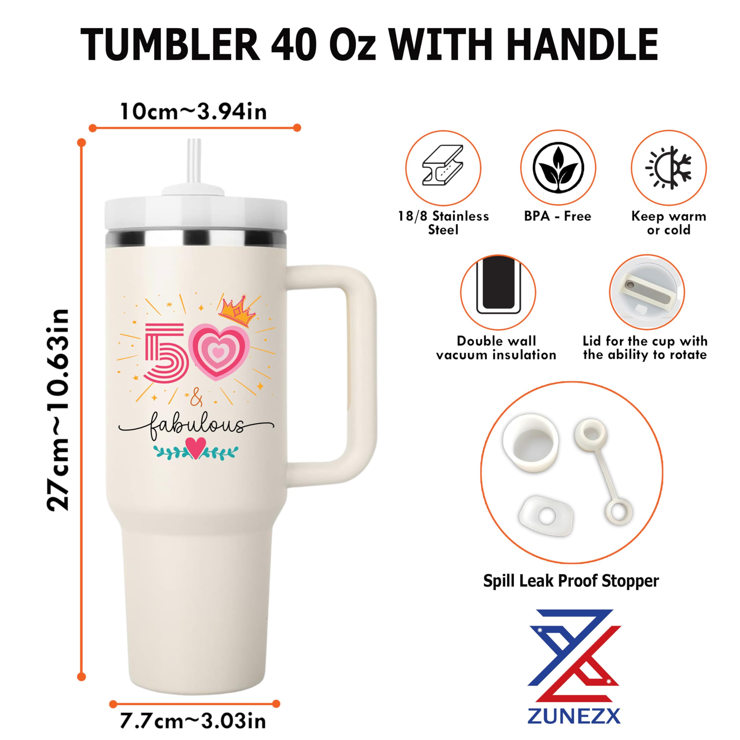 ZUNEZX tumbler featuring 50 and fabulous quote for celebratory gifting.