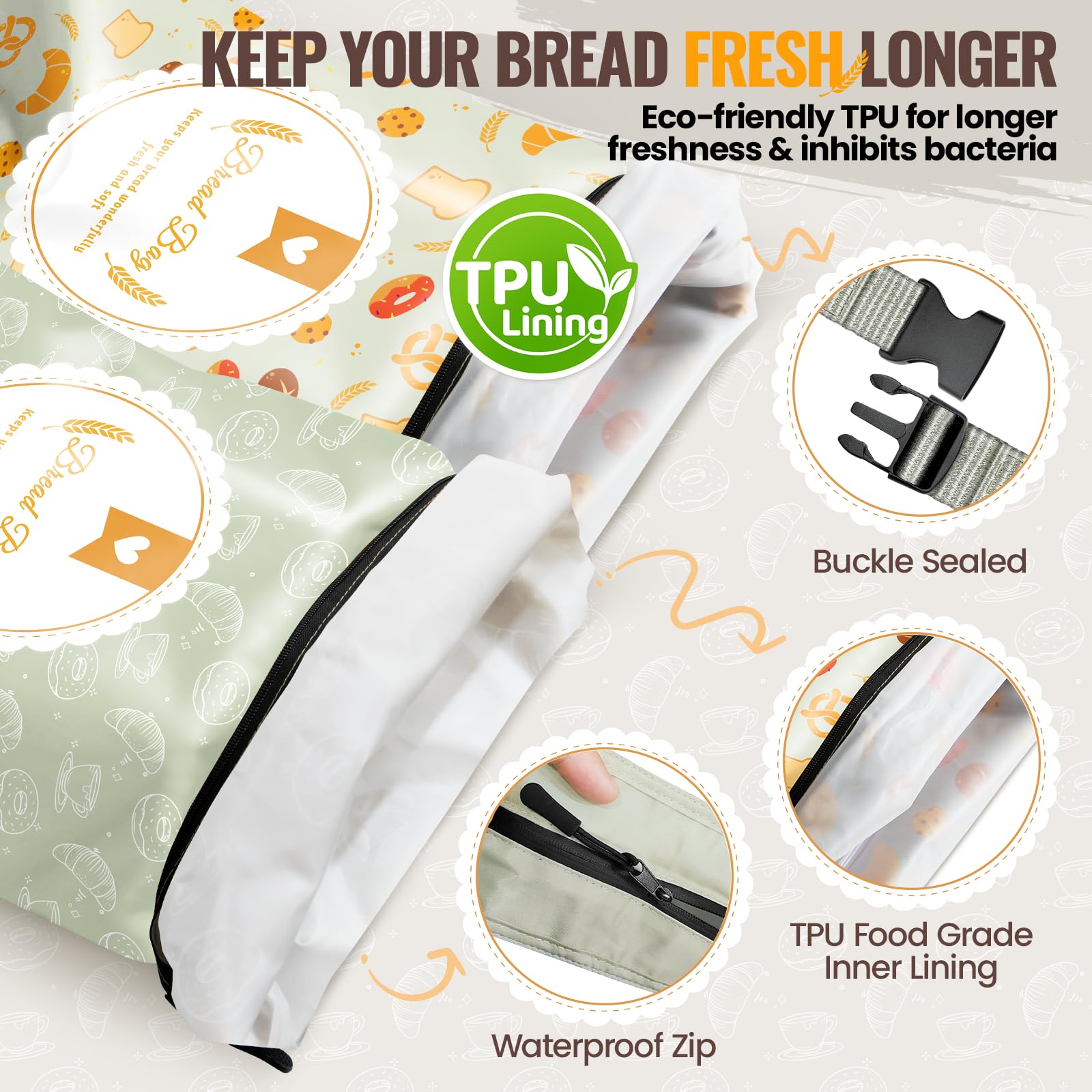 Zunmial bags feature a waterproof zipper for secure storage of baked goods.