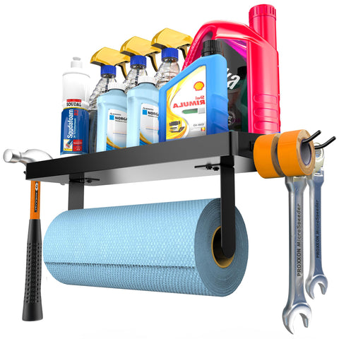 ZUNTO wall-mount paper towel holder with hooks keeps tools within reach.