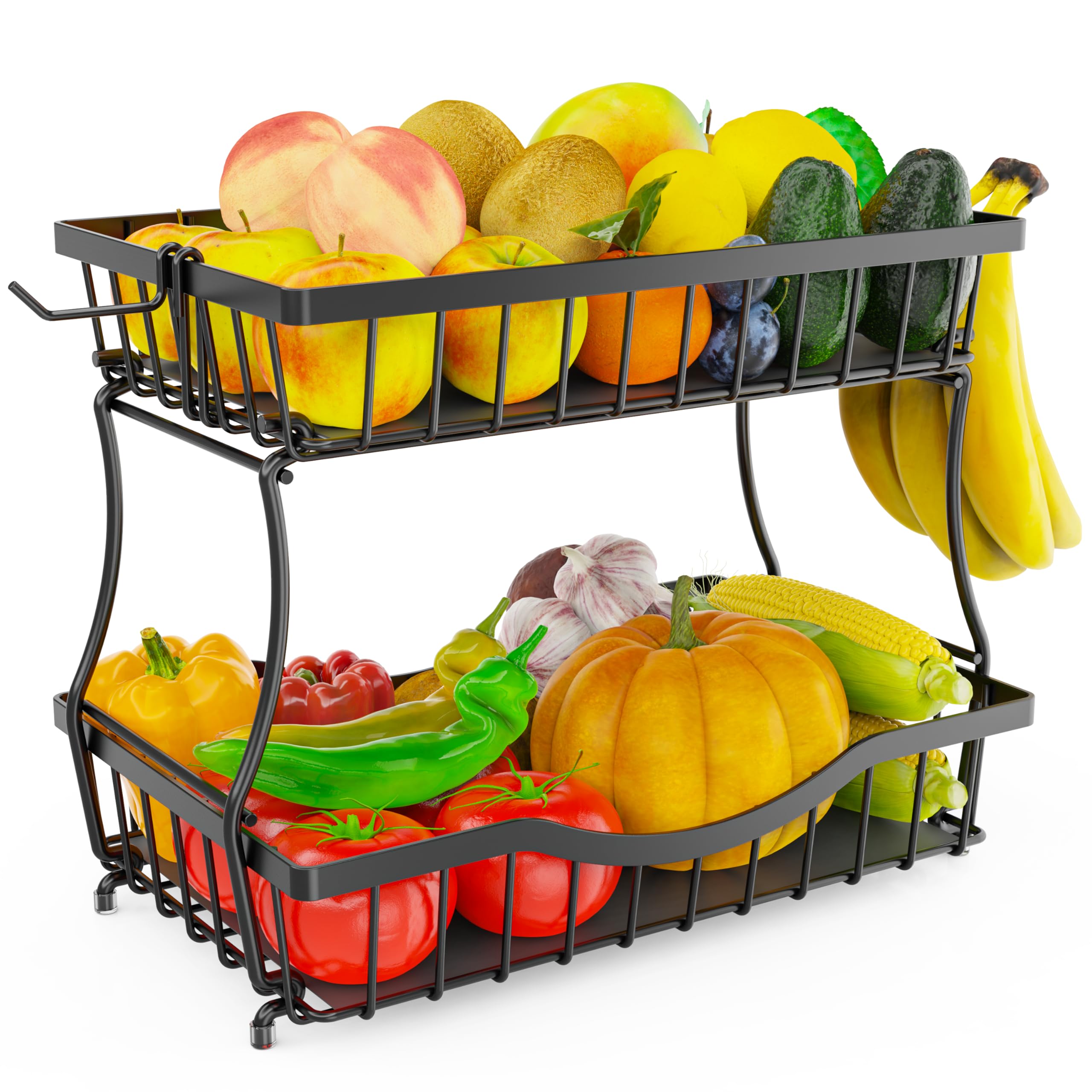Zurklulu large 2-tier fruit basket on counter keeps produce organized.