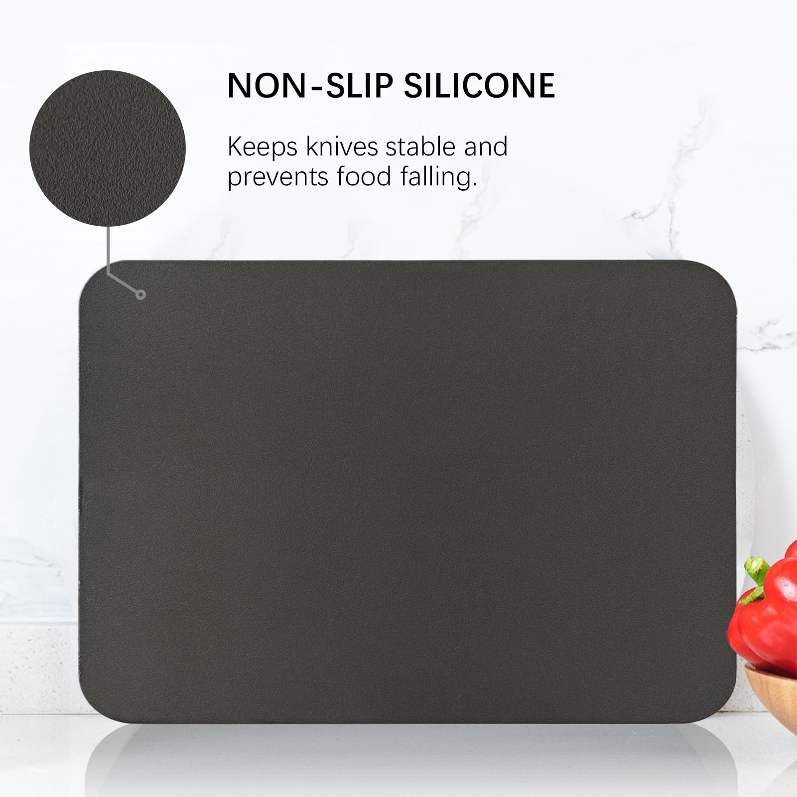 ZVP thick TPU cutting board bent to pour chopped ingredients into a pan.