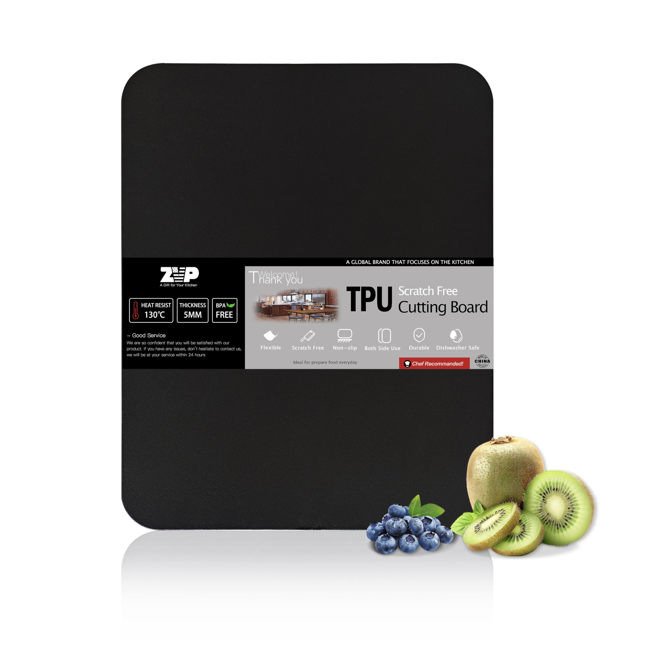 ZVP thick TPU cutting board with flat, stable surface for precise chopping.