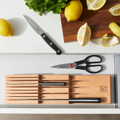 ZWILLING beechwood drawer knife storage frees counter space and protects blades.