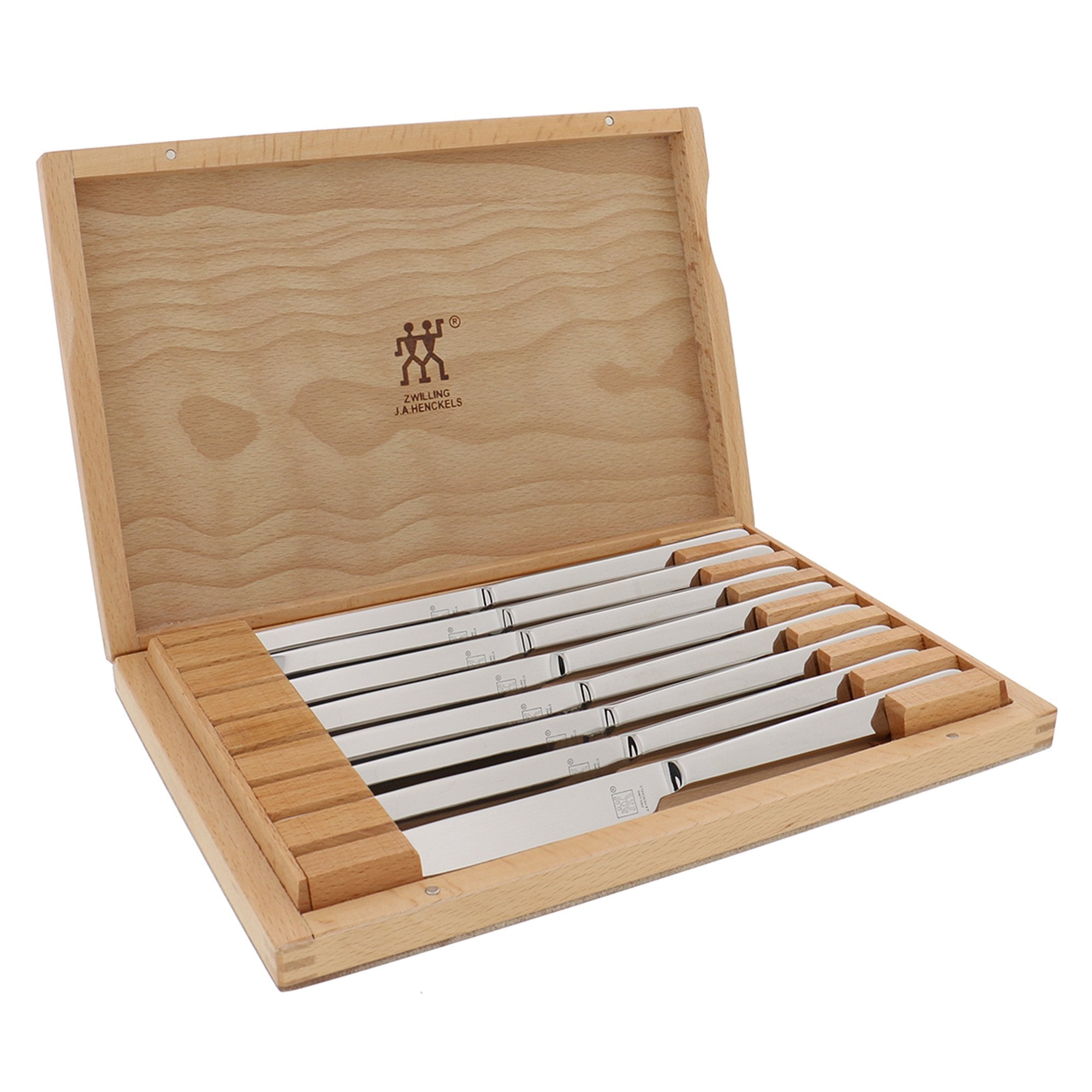ZWILLING Contemporary 8-piece steak knife set in a box front, ideal for gifting.