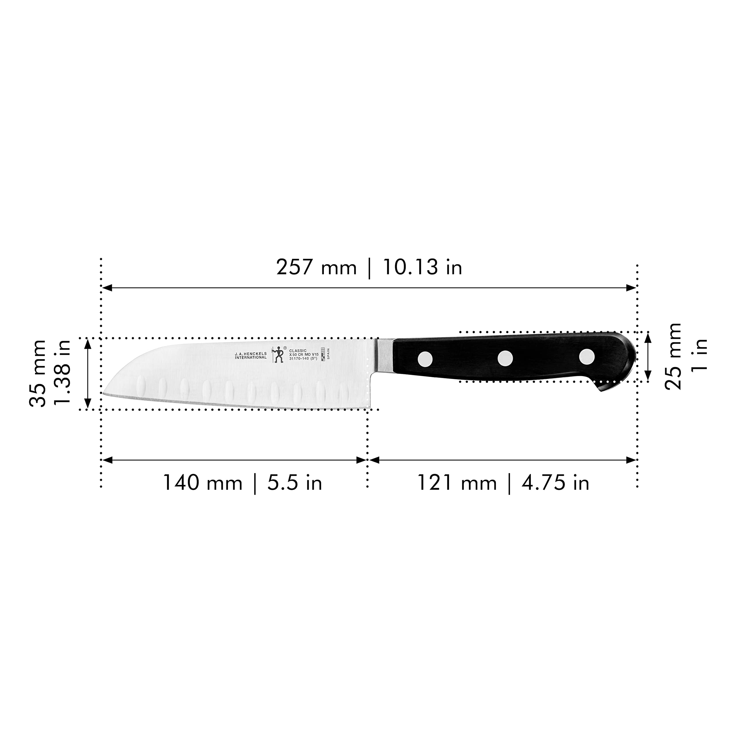 Zwilling Henckels Classic 5-inch Santoku hollow edge for non-stick slicing and smoother cuts.