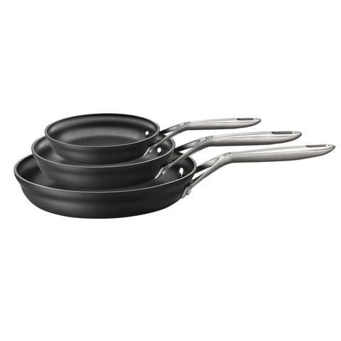ZWILLING Motion 3-piece fry pan set in grey, balanced heat for even cooking.