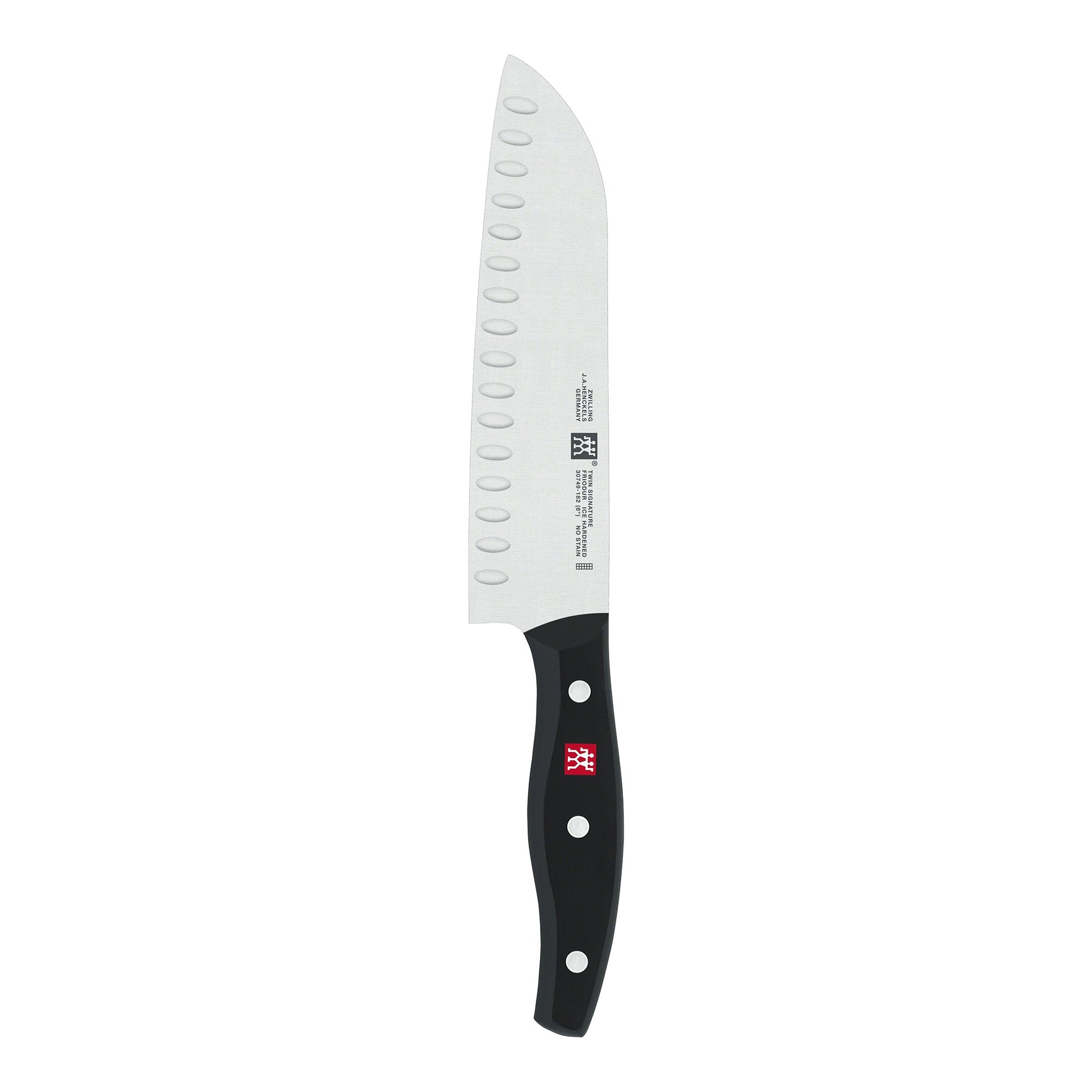 ZWILLING Twin Signature 7-inch santoku top view; lightweight precision for easy chopping.