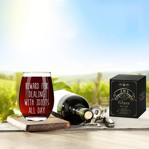 ZWV Reward stemless wine glass with narrow opening for stability.