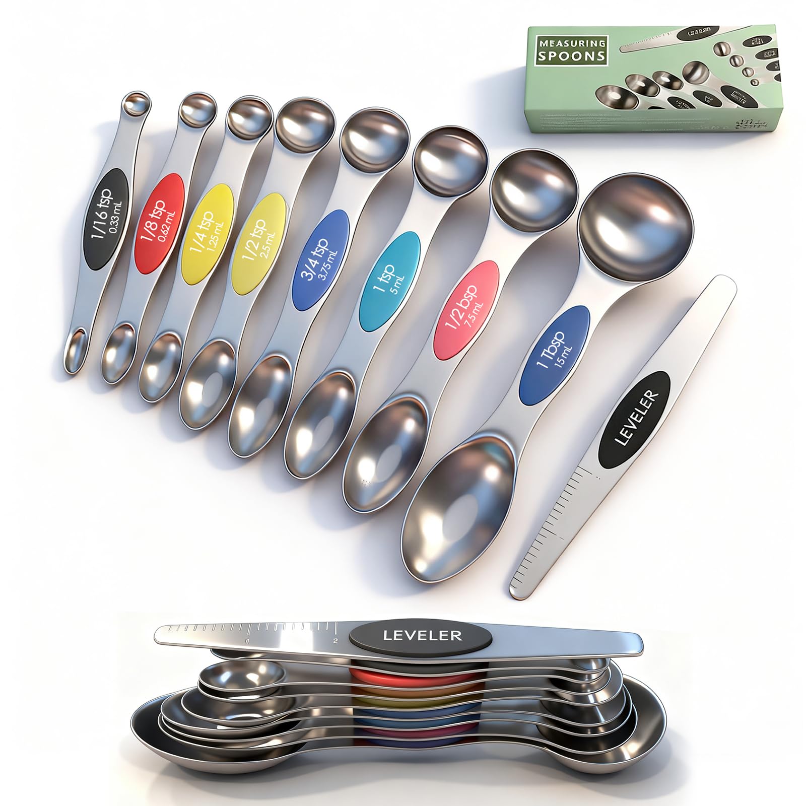 ZxlFiersp stainless steel magnetic spoons set 9-pack with leveler for precise measurements