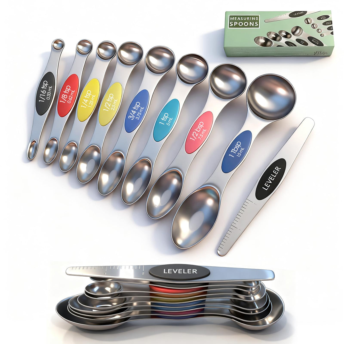 ZxlFiersp stainless steel magnetic spoons set 9-pack with leveler for precise measurements
