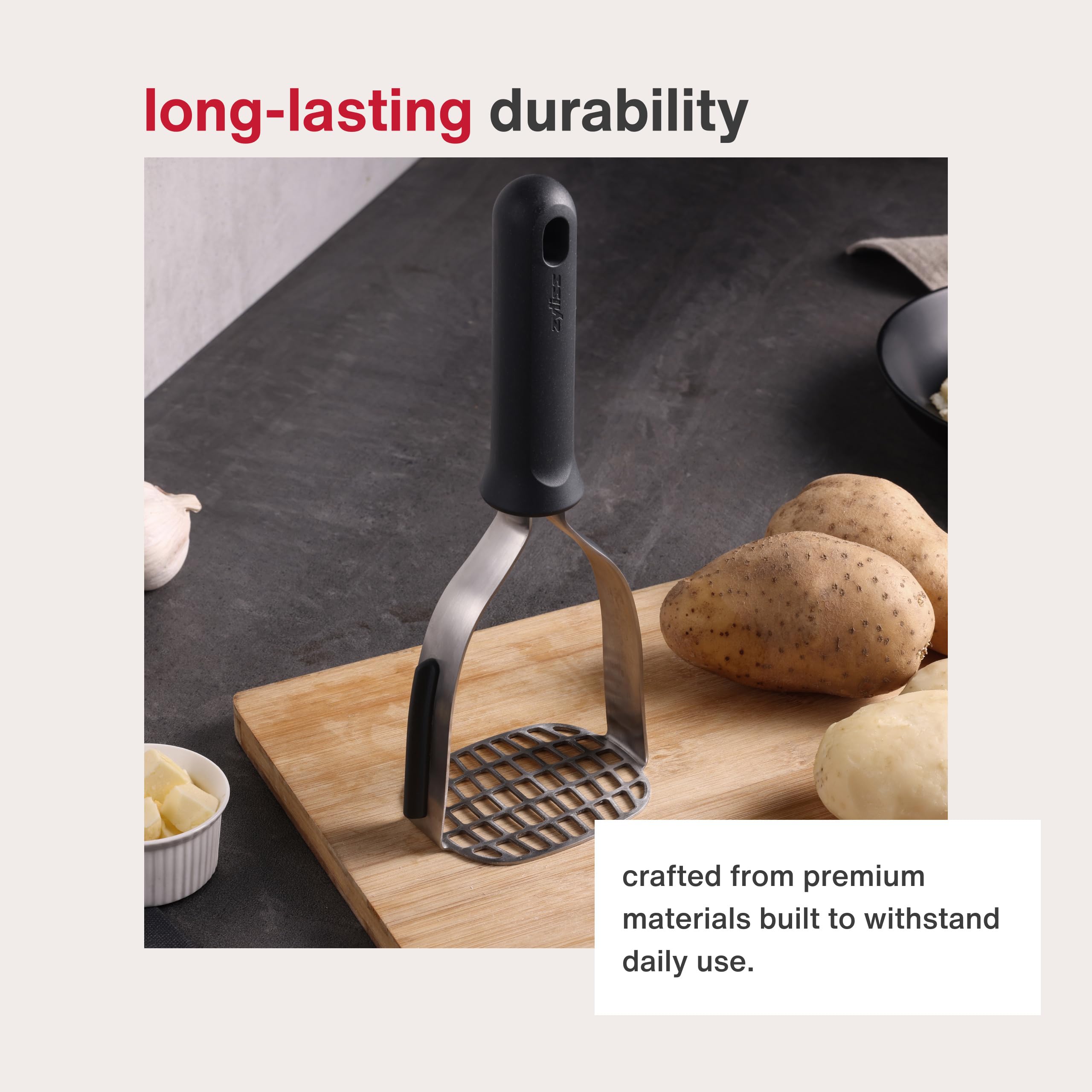 Zyliss bottom-view potato masher highlighting sturdy riveted construction.