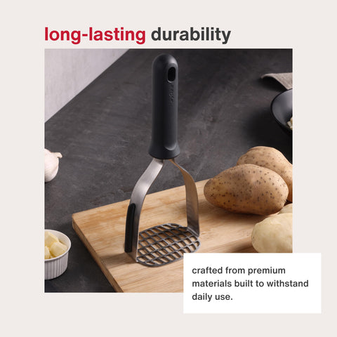 Zyliss bottom-view potato masher highlighting sturdy riveted construction.
