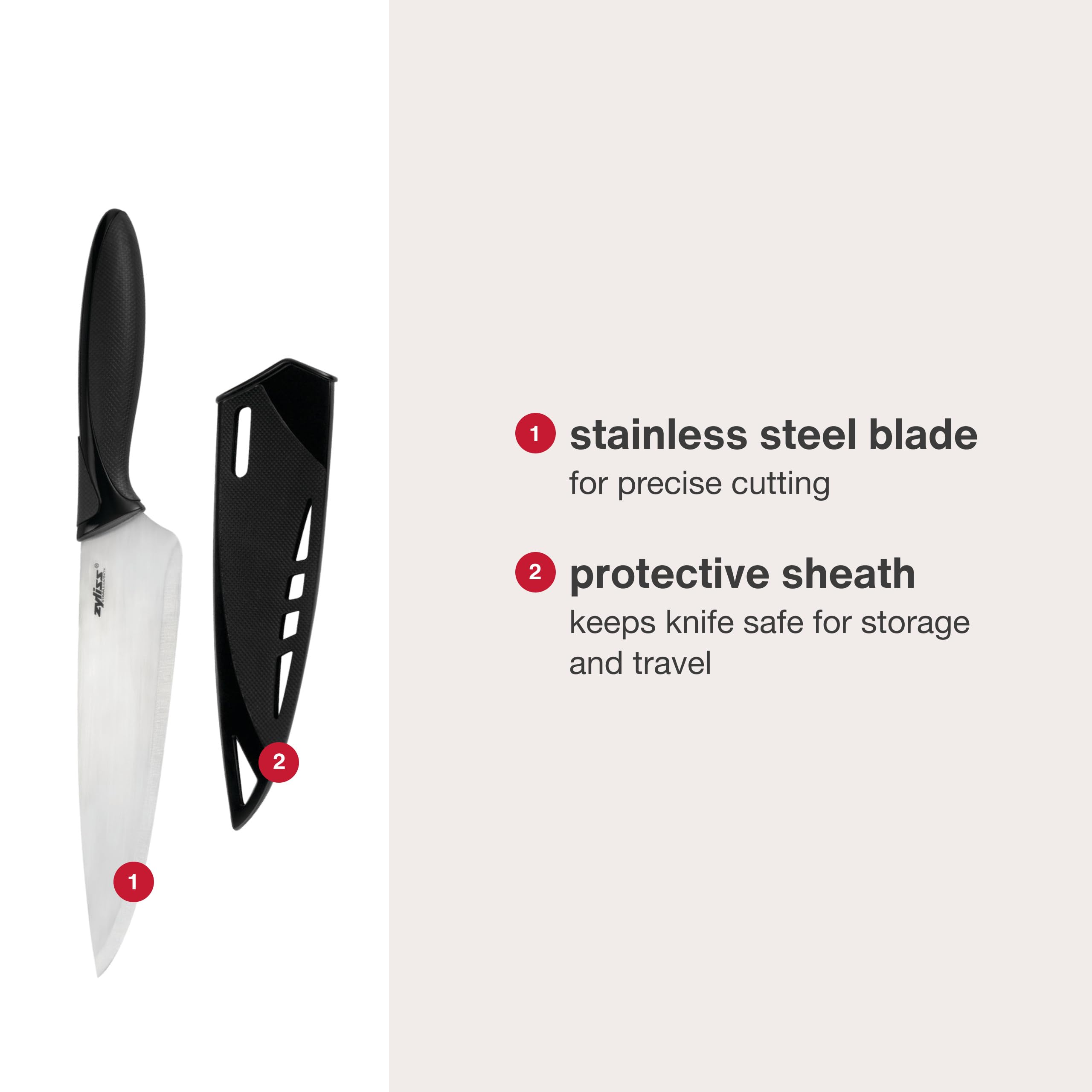 Zyliss chef's knife slicing fruits and vegetables with precision
