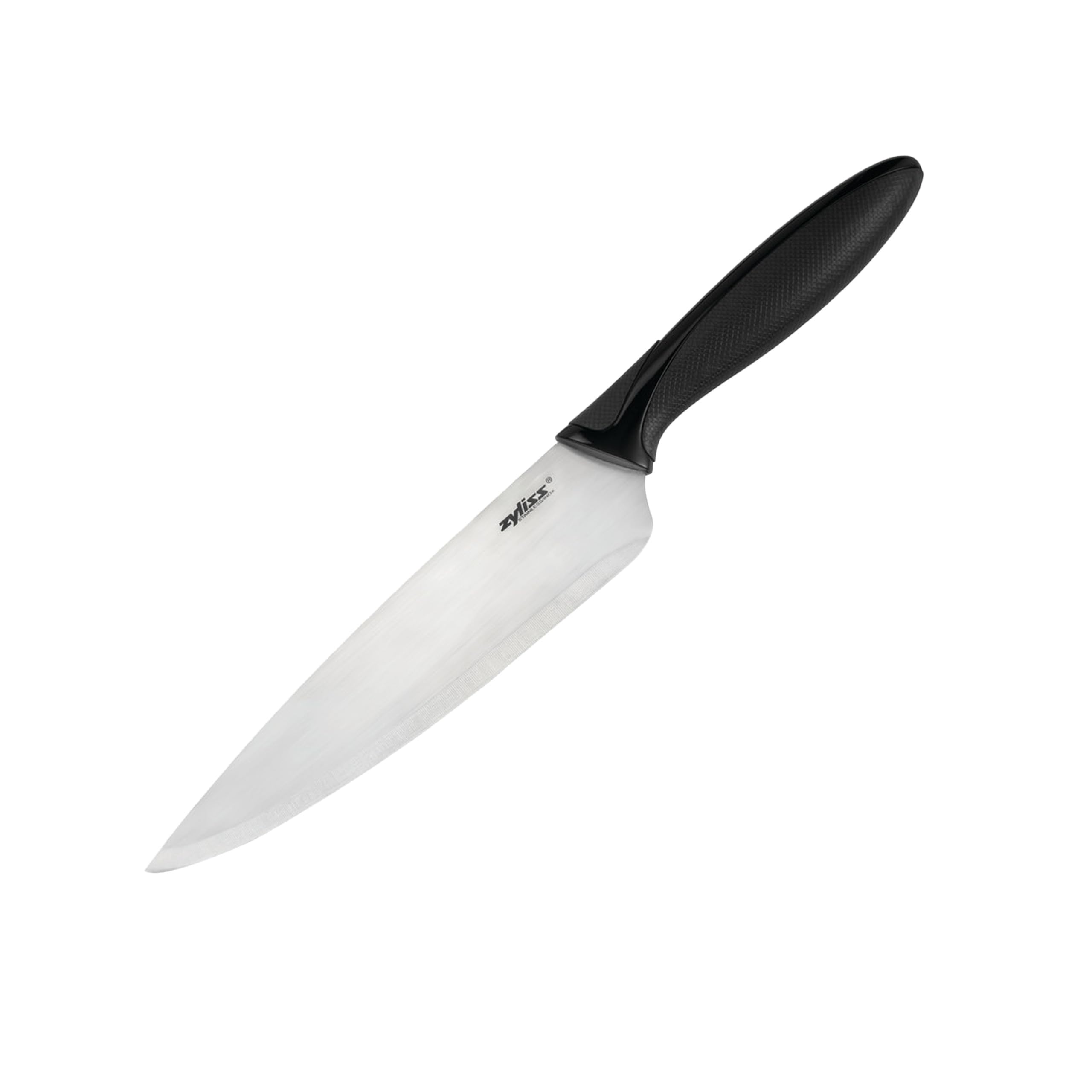 Zyliss chef's knife with sheath close-up shows a sharp blade for safe storage