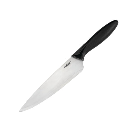 Zyliss chef's knife with sheath close-up shows a sharp blade for safe storage