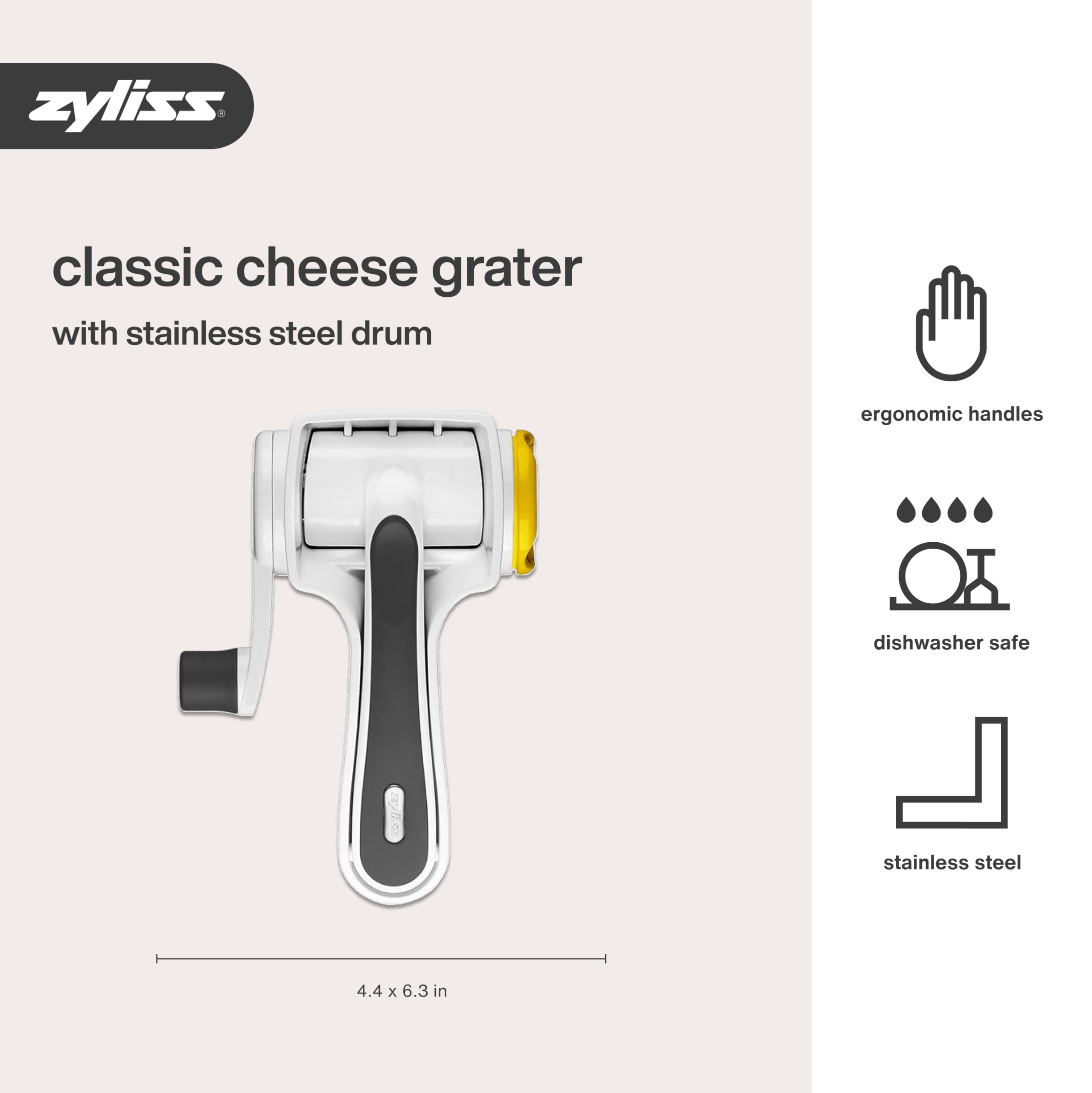 Zyliss rotary grater disassembles for thorough cleaning