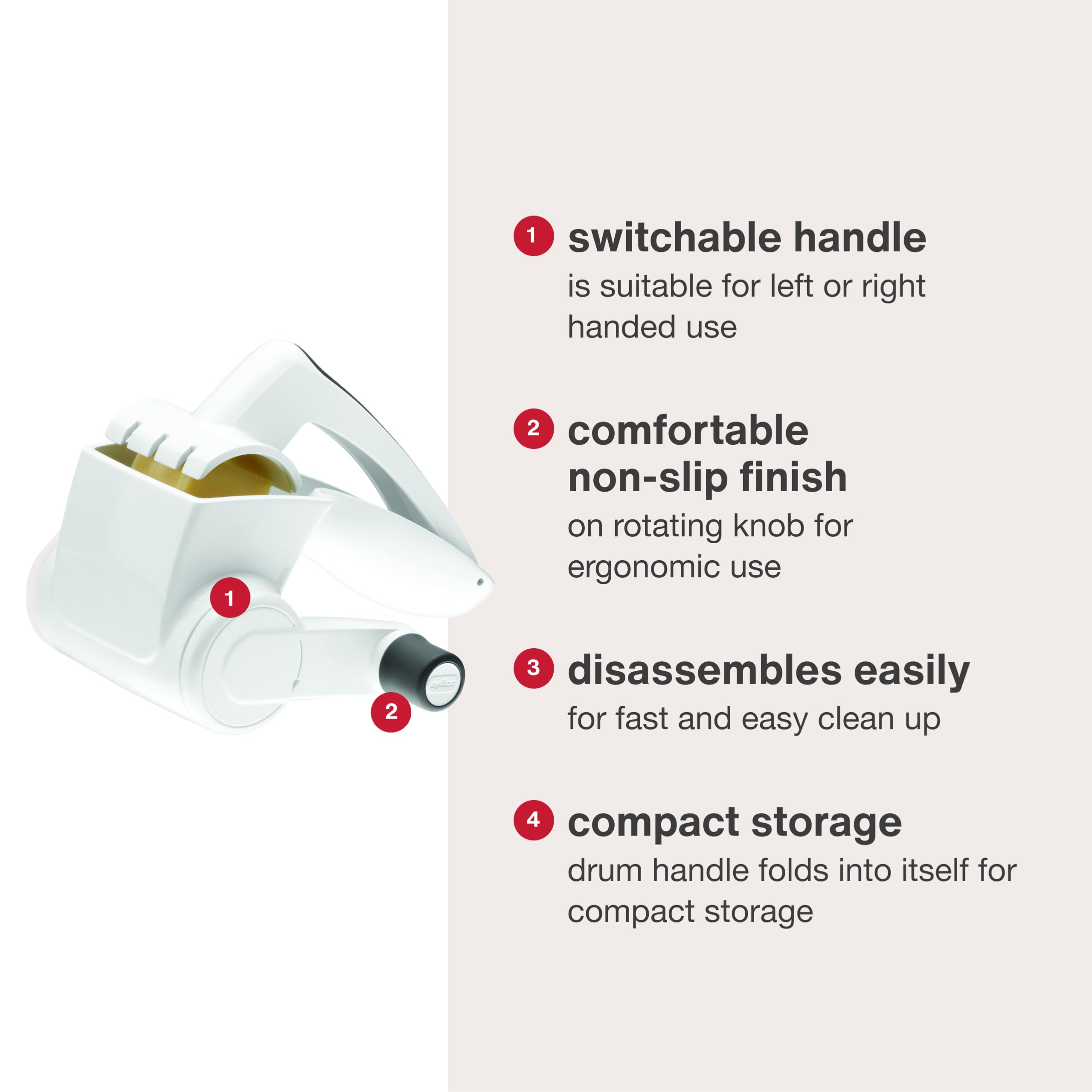 Zyliss Classic grater features non-slip knob for stable grip during shredding.
