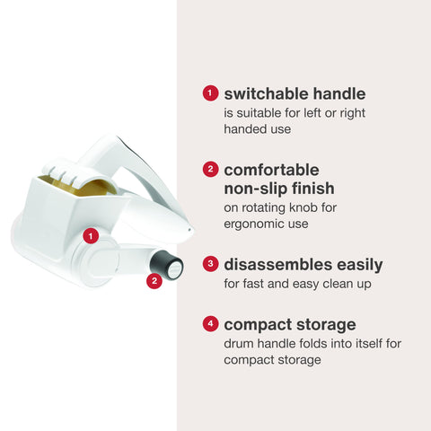 Zyliss Classic grater features non-slip knob for stable grip during shredding.