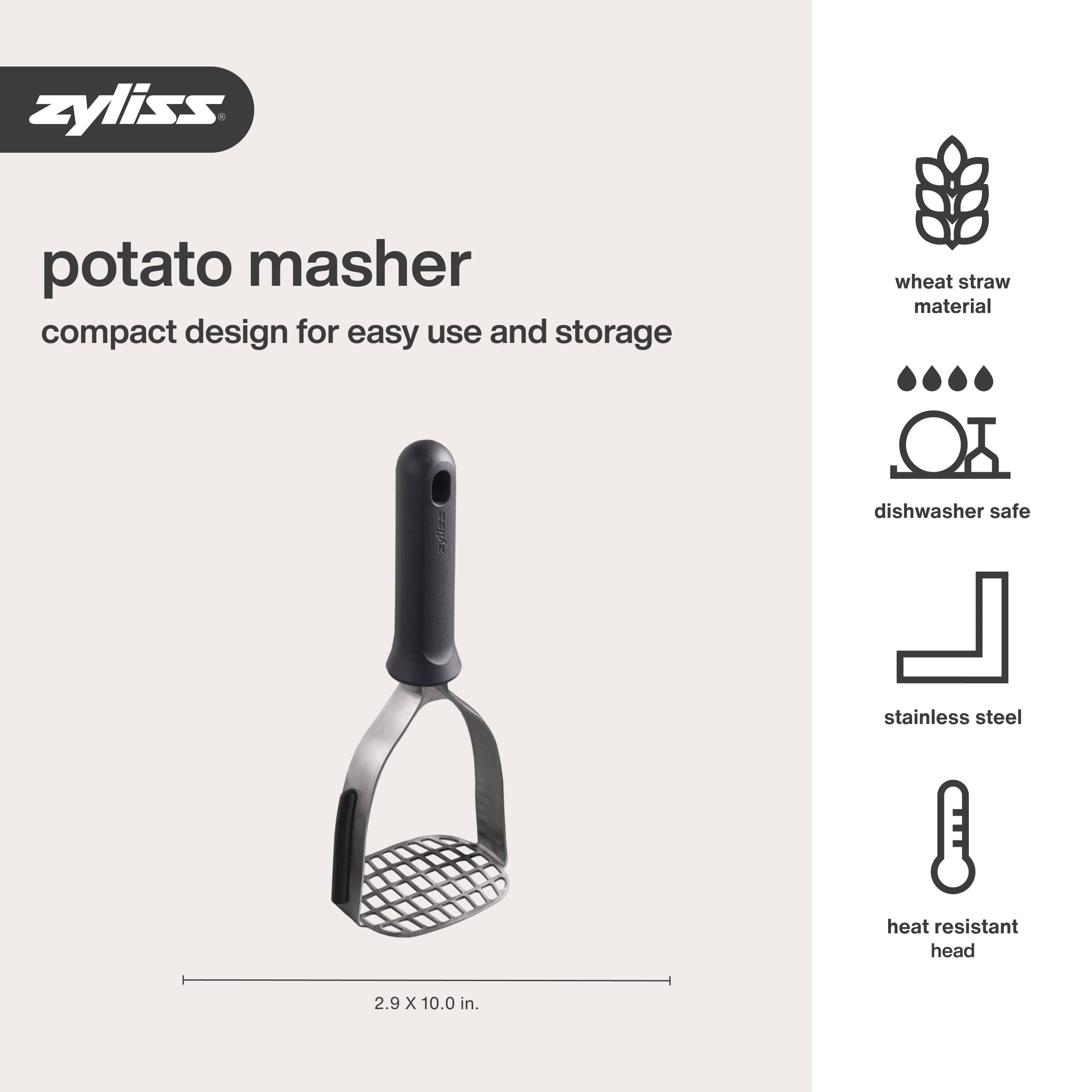 Zyliss grey finish potato masher adds sleek kitchen style.