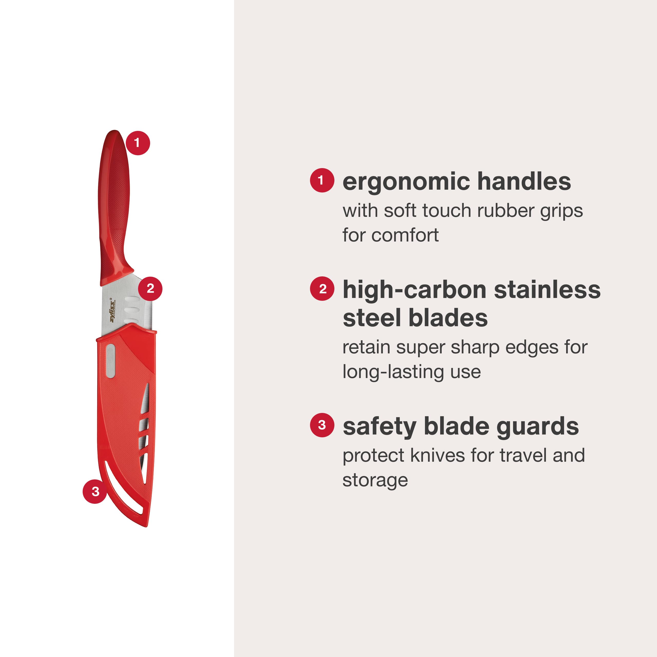 Zyliss high-carbon stainless steel blades stay sharp for longer prep sessions
