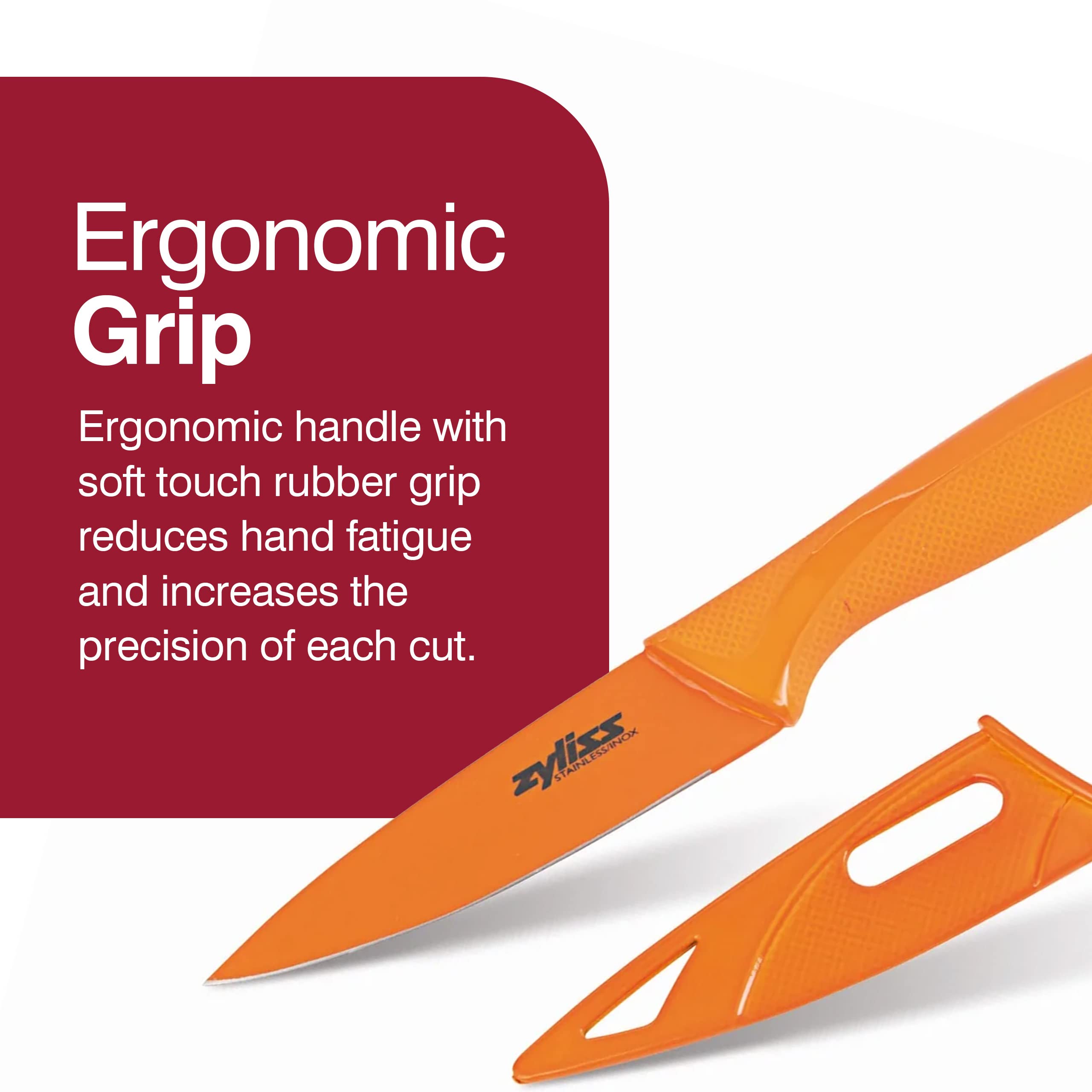 Zyliss high-carbon stainless steel blades stay sharp through many prep tasks.