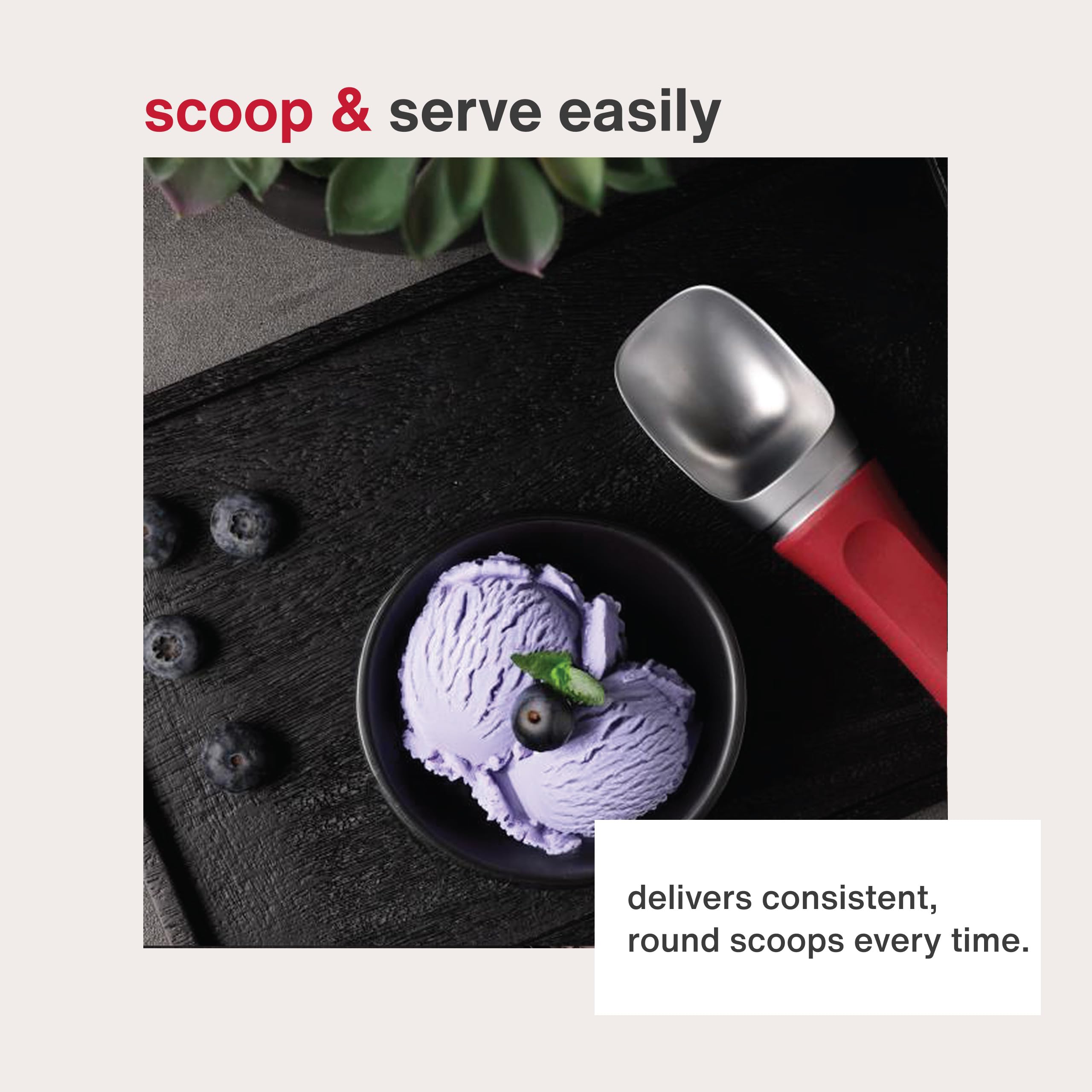 Zyliss Ice Cream Scoop berry finish adds color to frozen treats.