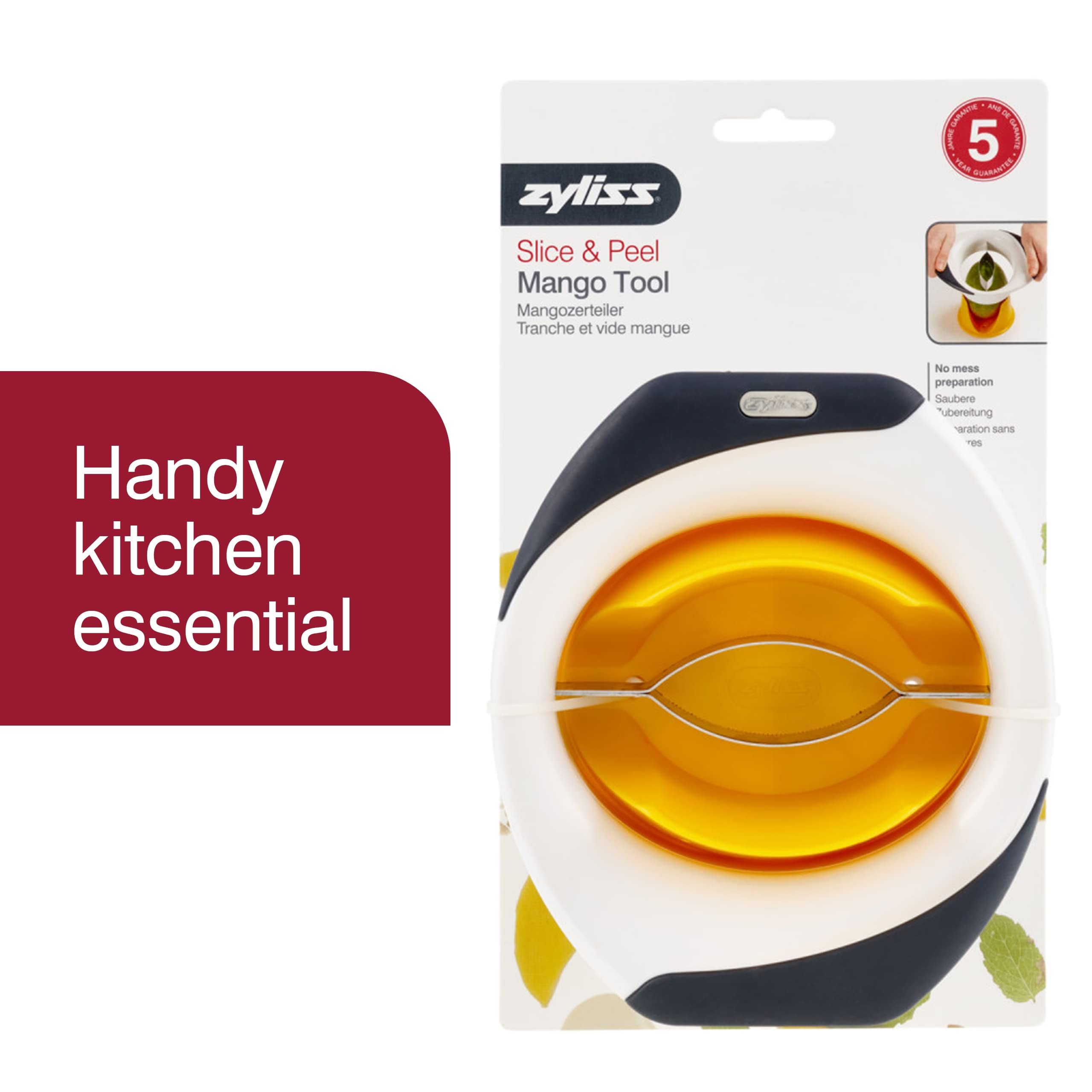 Zyliss mango slicer in use showing quick peeling and slicing.